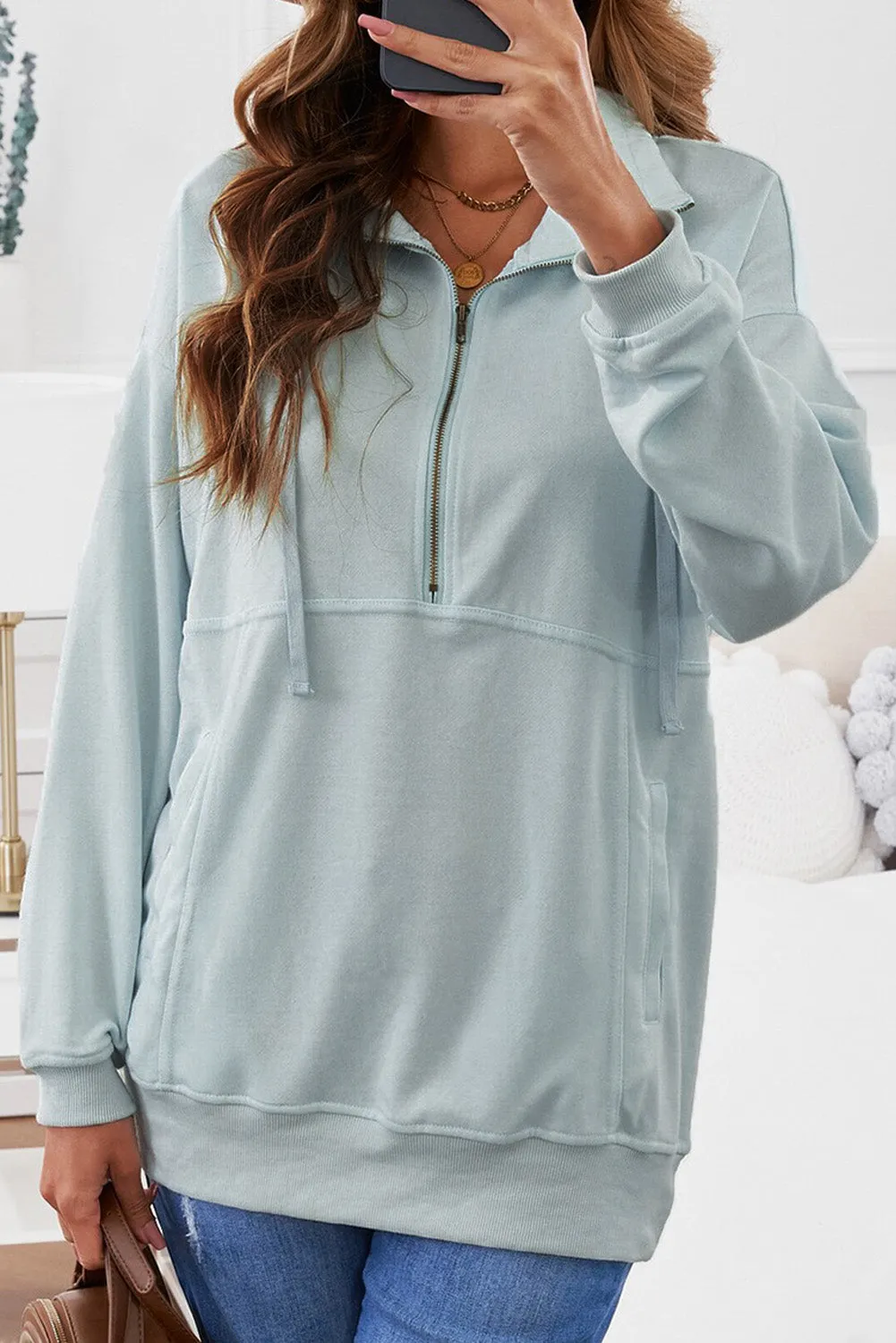 Cotton Pocketed Half Zip Pullover Pink Sweatshirt