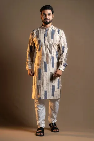 Cream Printed Kurta with White Pyjama