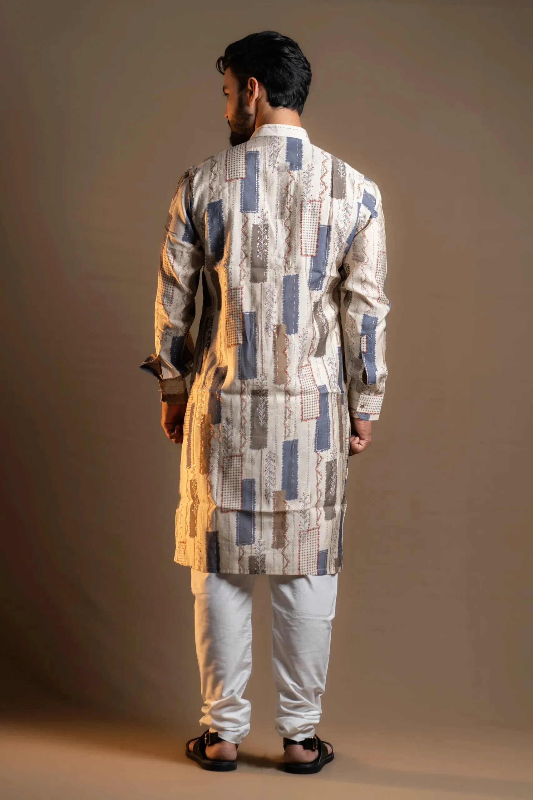 Cream Printed Kurta with White Pyjama