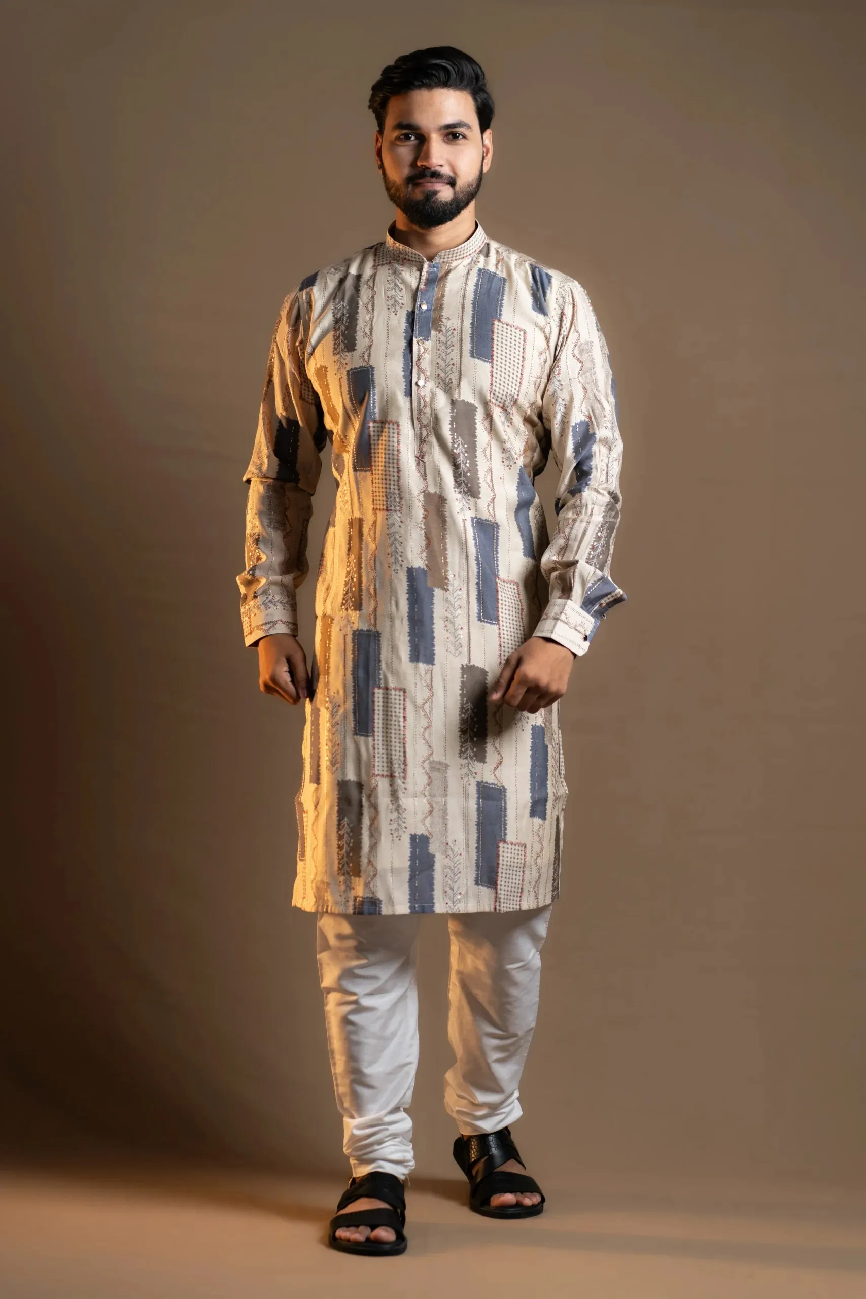 Cream Printed Kurta with White Pyjama