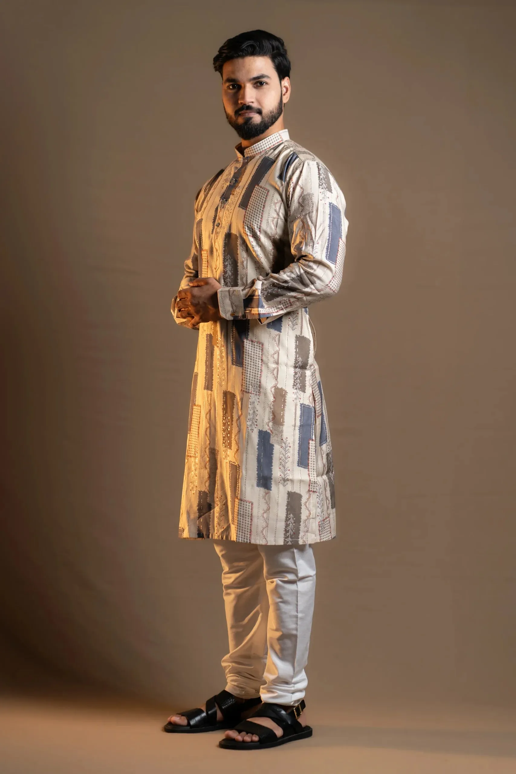 Cream Printed Kurta with White Pyjama