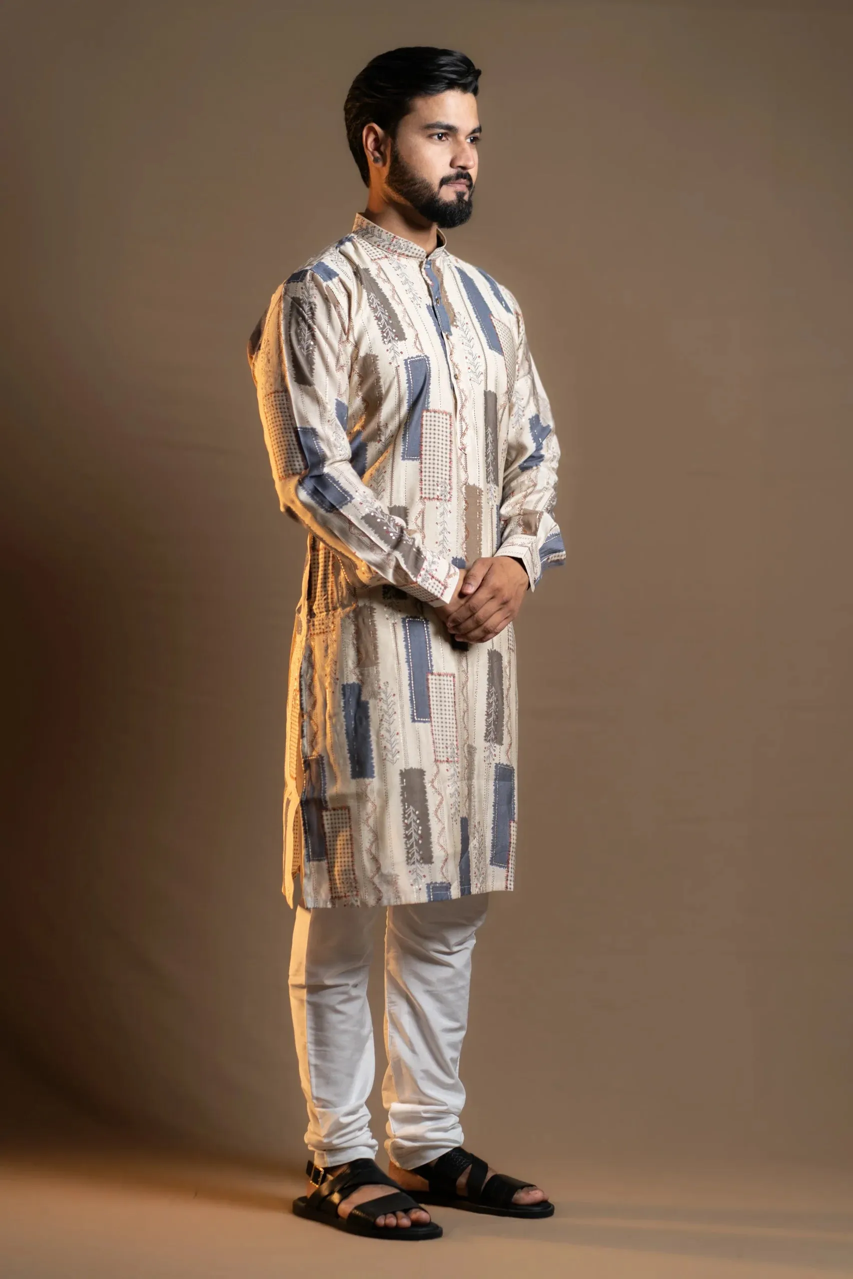 Cream Printed Kurta with White Pyjama