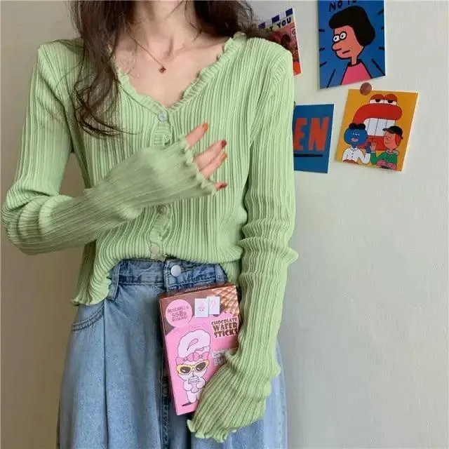 Cute Short Sweater Women V-Neck Knitted Cardigan Fashionable Single Breasted Women Elasticity Cropped Cardigan Sweater for Female