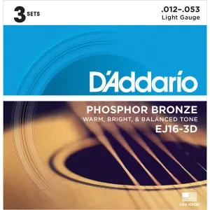 D'Addario EJ16-3D Light 12-53 Phosphor Bronze Acoustic Multi- Pack x3