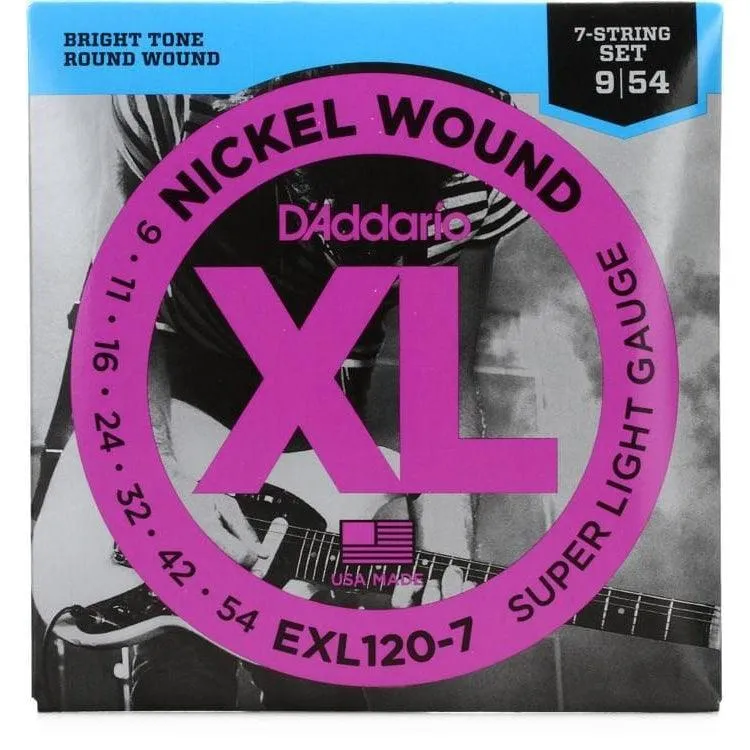D'Addario Electric Guitar 7-String Set, Nickel Wound 0.09 - 0.54 Super Light Gauge