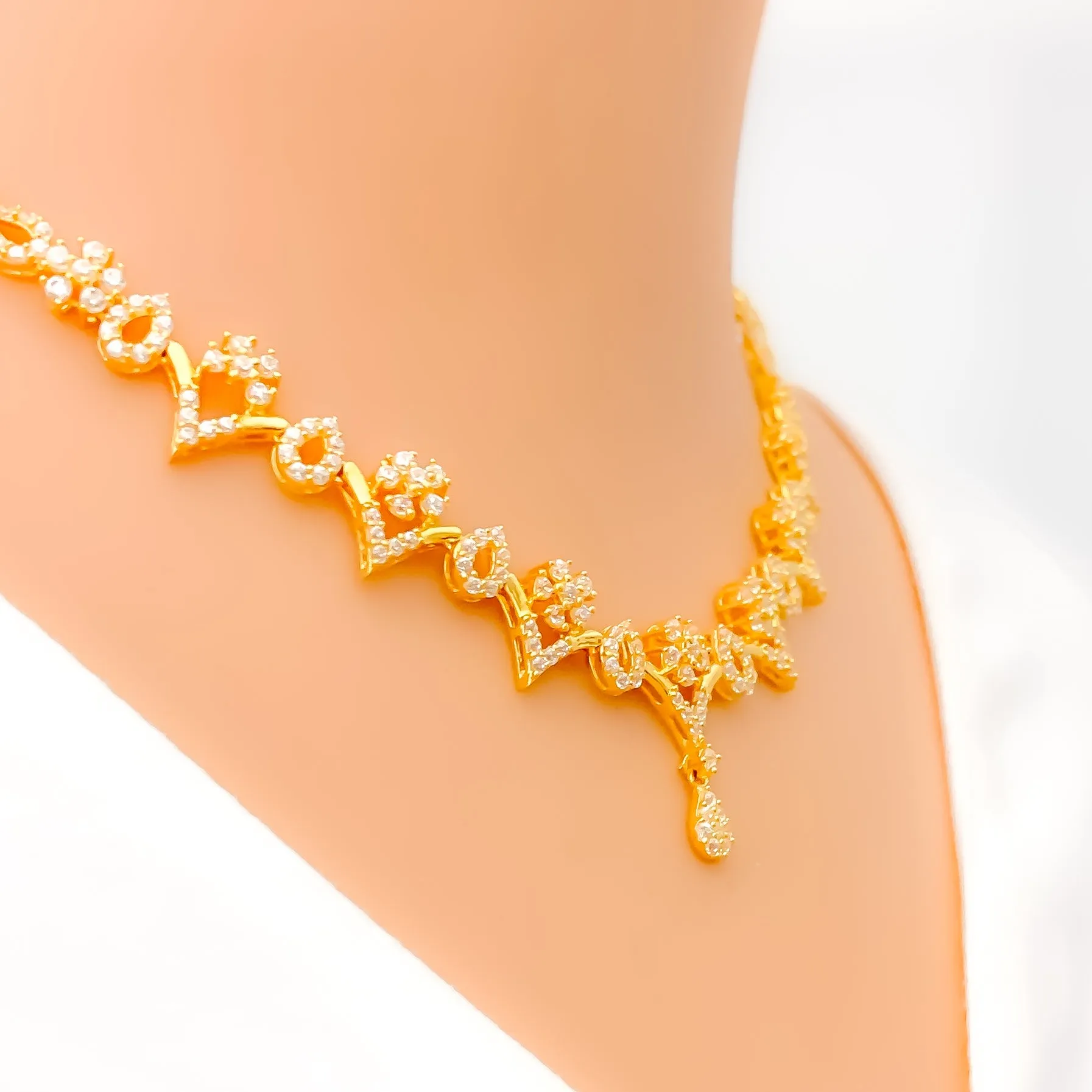 Dainty Delicate Floral Drop 22k Gold CZ Necklace Set
