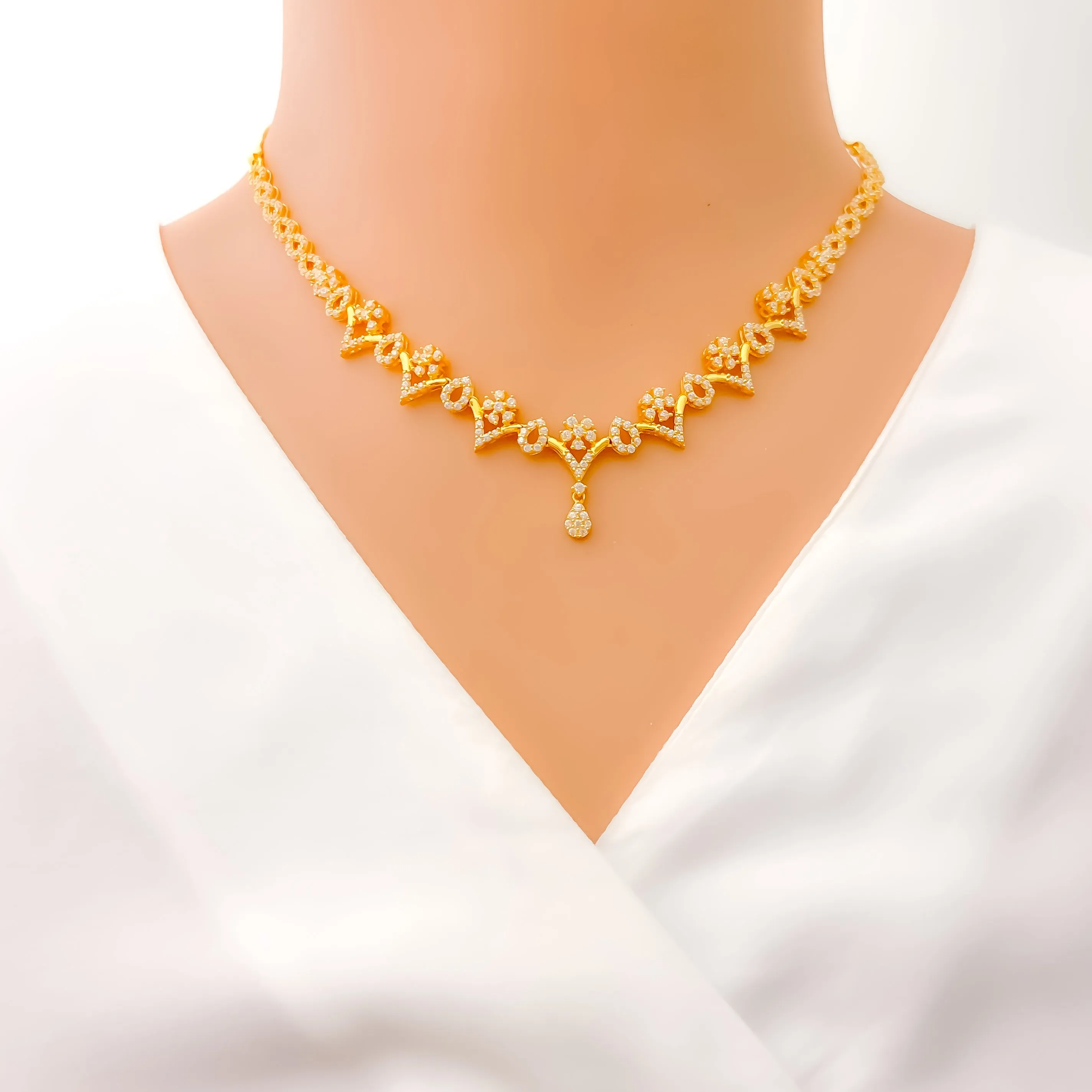 Dainty Delicate Floral Drop 22k Gold CZ Necklace Set