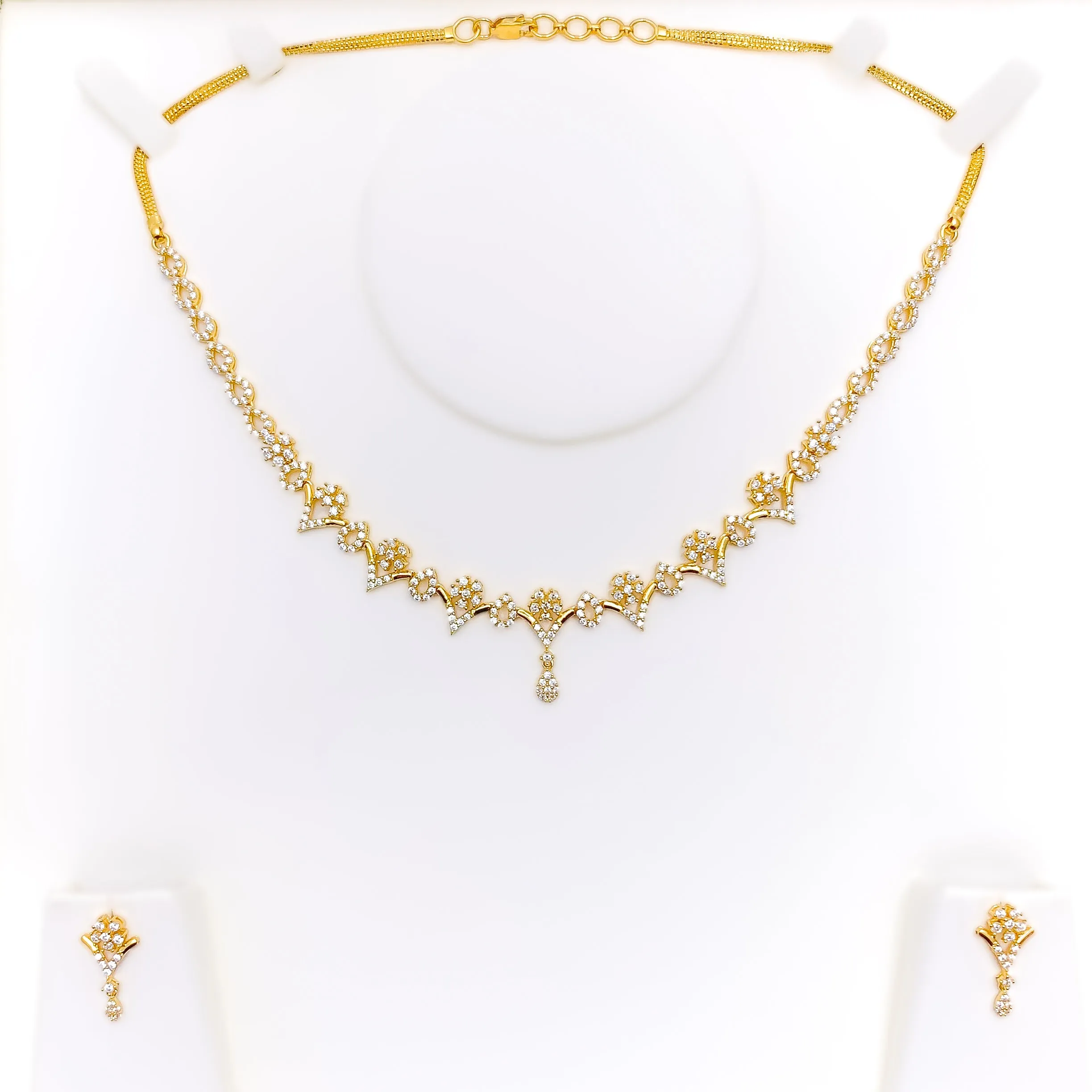 Dainty Delicate Floral Drop 22k Gold CZ Necklace Set
