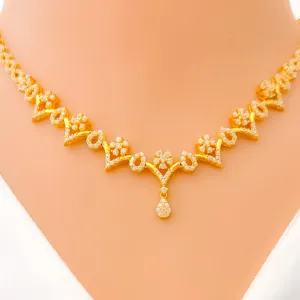 Dainty Delicate Floral Drop 22k Gold CZ Necklace Set