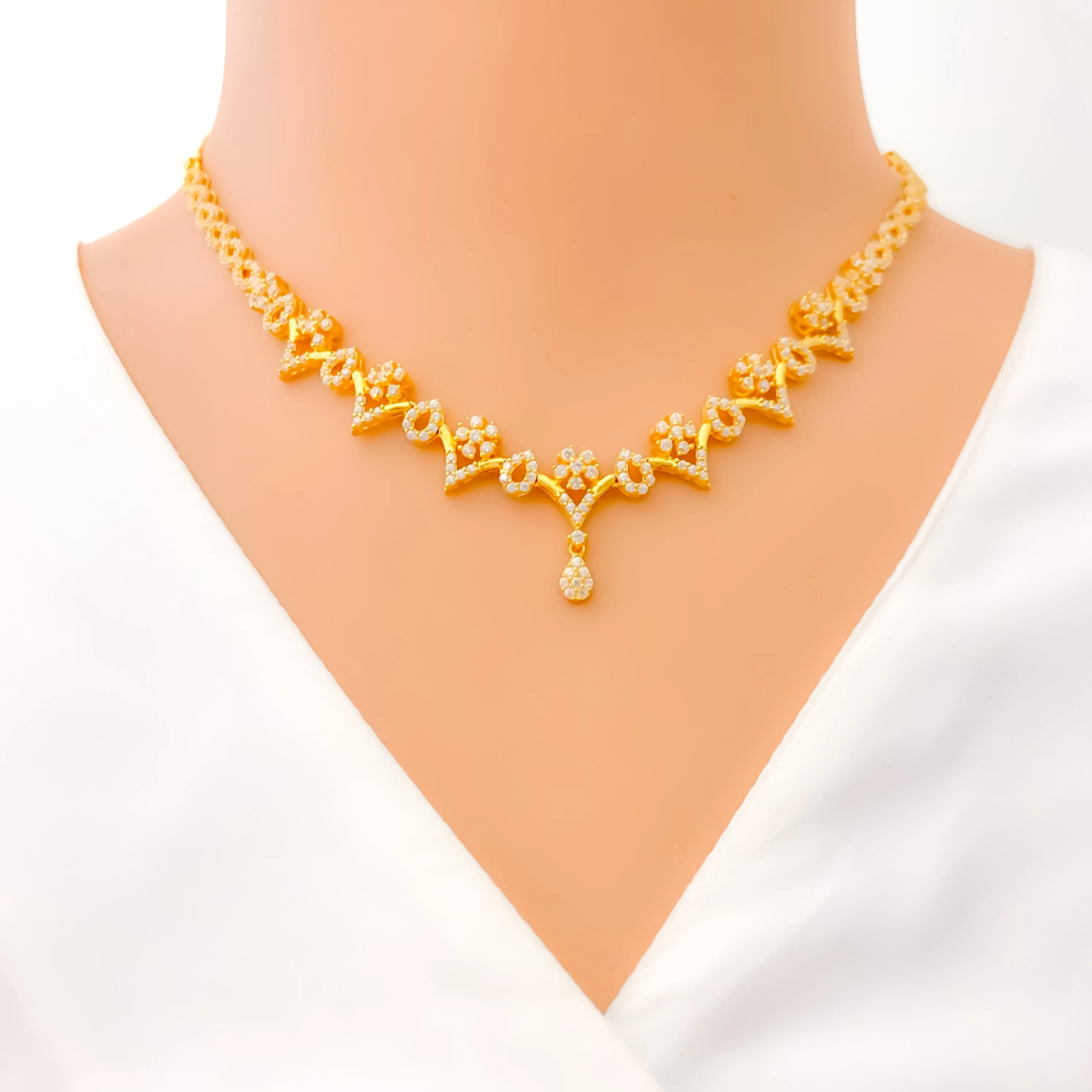 Dainty Delicate Floral Drop 22k Gold CZ Necklace Set