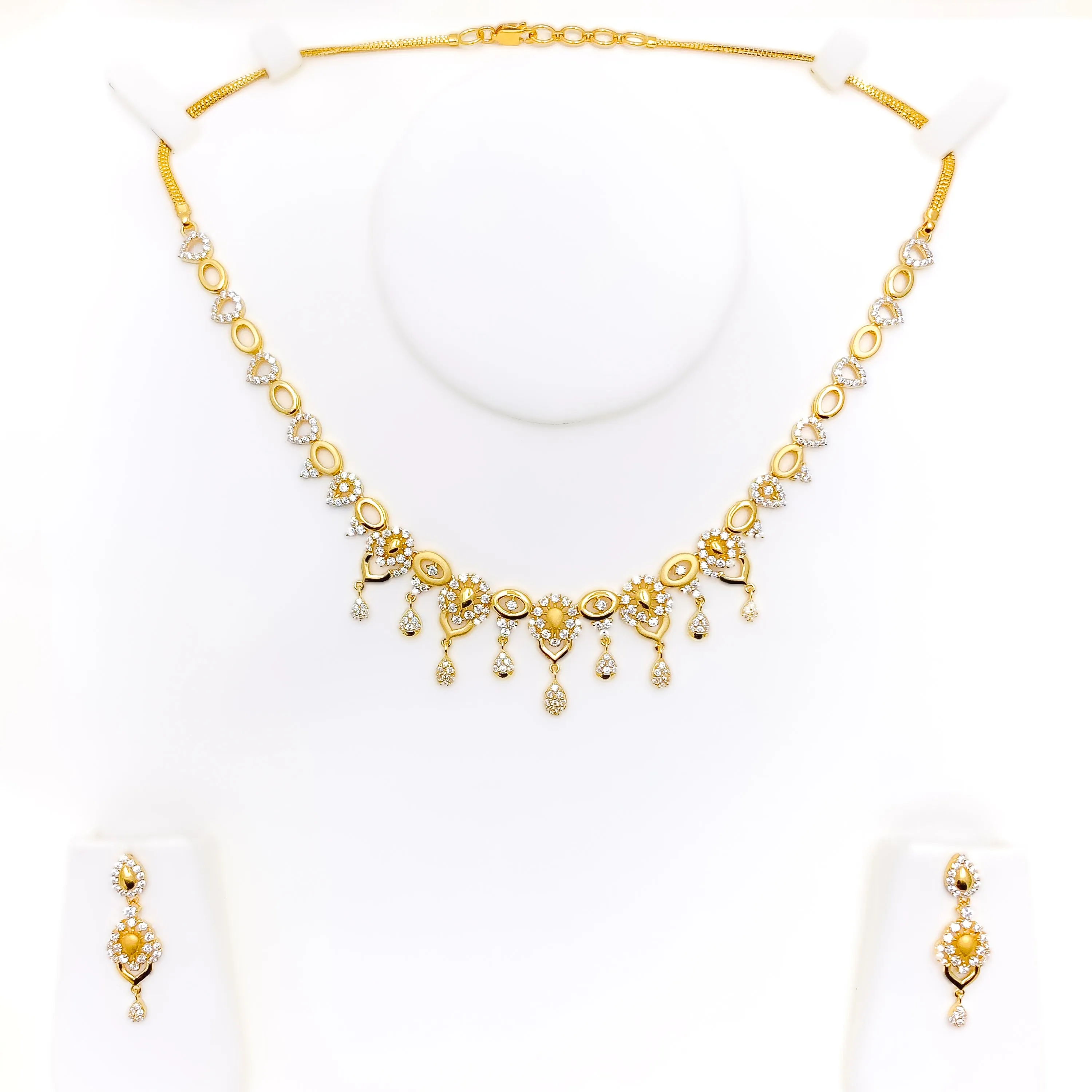Delicate Floral Drop 22k Gold CZ Necklace Set