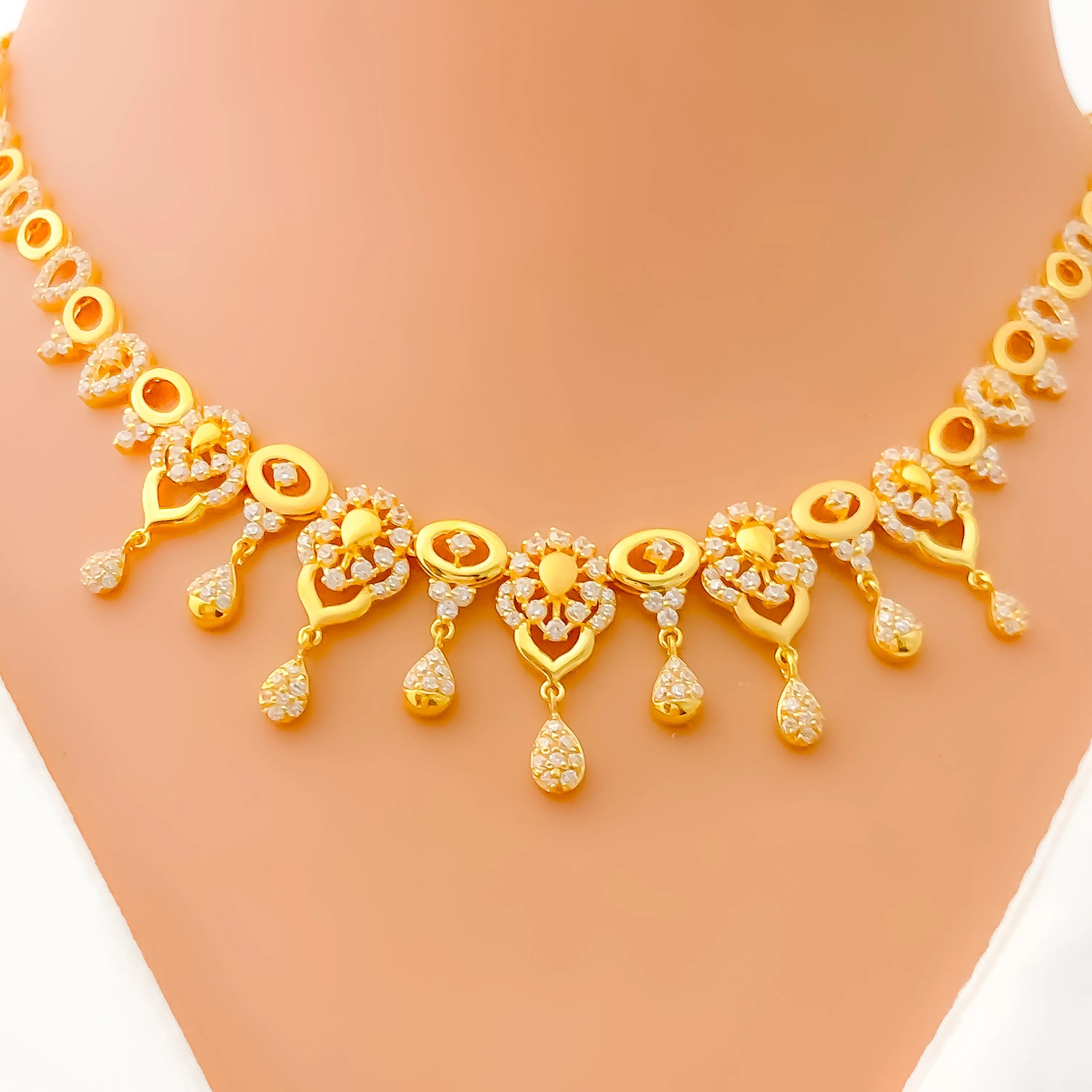 Delicate Floral Drop 22k Gold CZ Necklace Set
