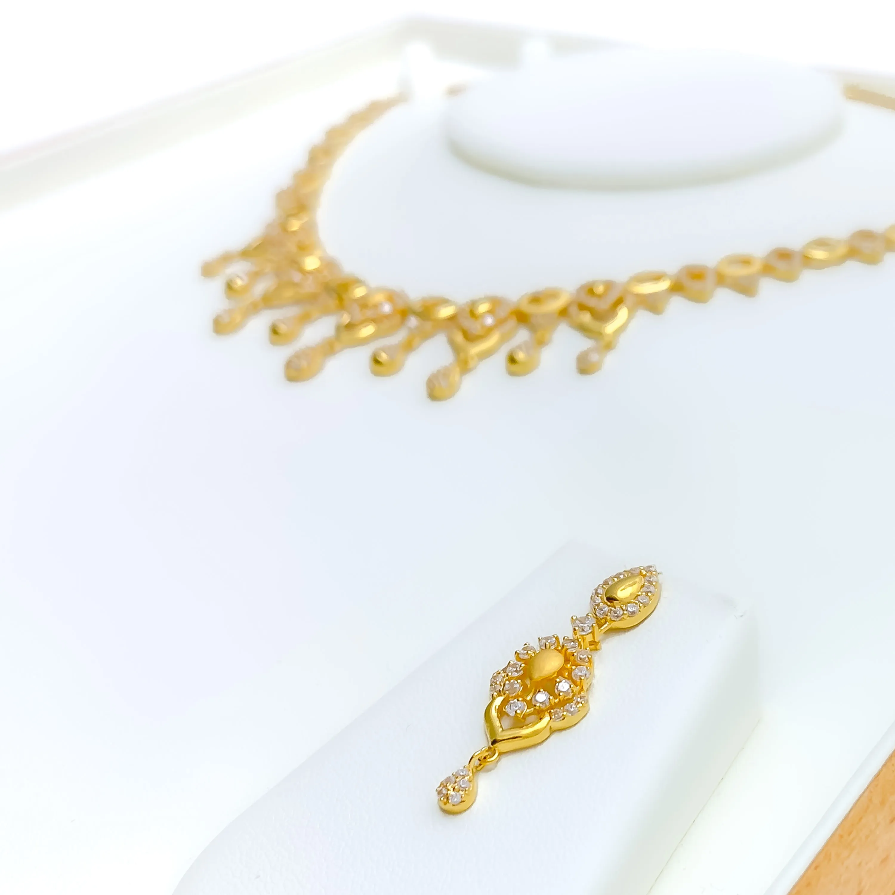 Delicate Floral Drop 22k Gold CZ Necklace Set
