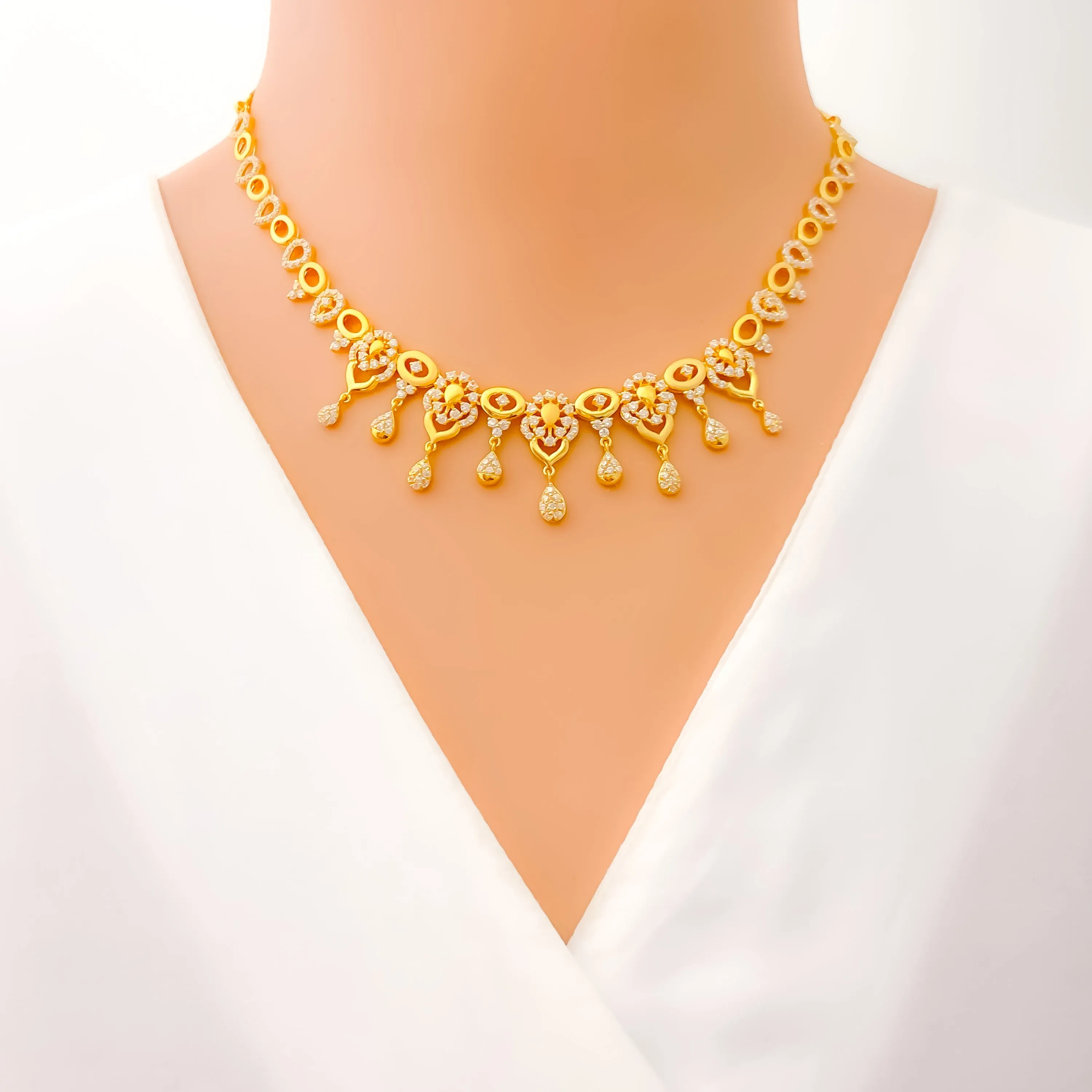 Delicate Floral Drop 22k Gold CZ Necklace Set