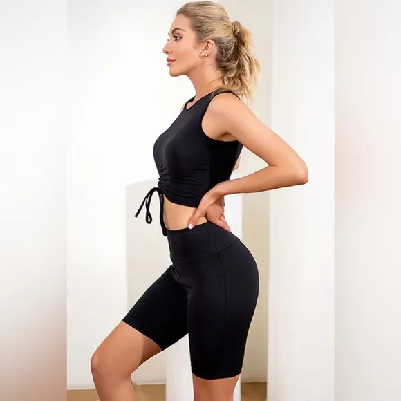 Drawstring Sleeveless Crop Sports Top and Biker Shorts Set