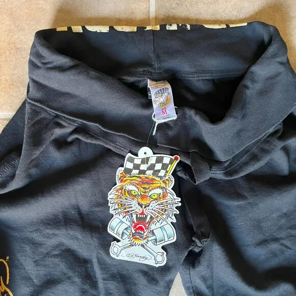 Ed Hardy Women's Black Knit Drawstring Rose Dripping Shorts Medium