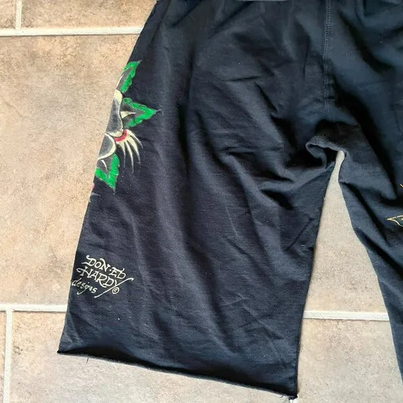 Ed Hardy Women's Black Knit Drawstring Rose Dripping Shorts Medium