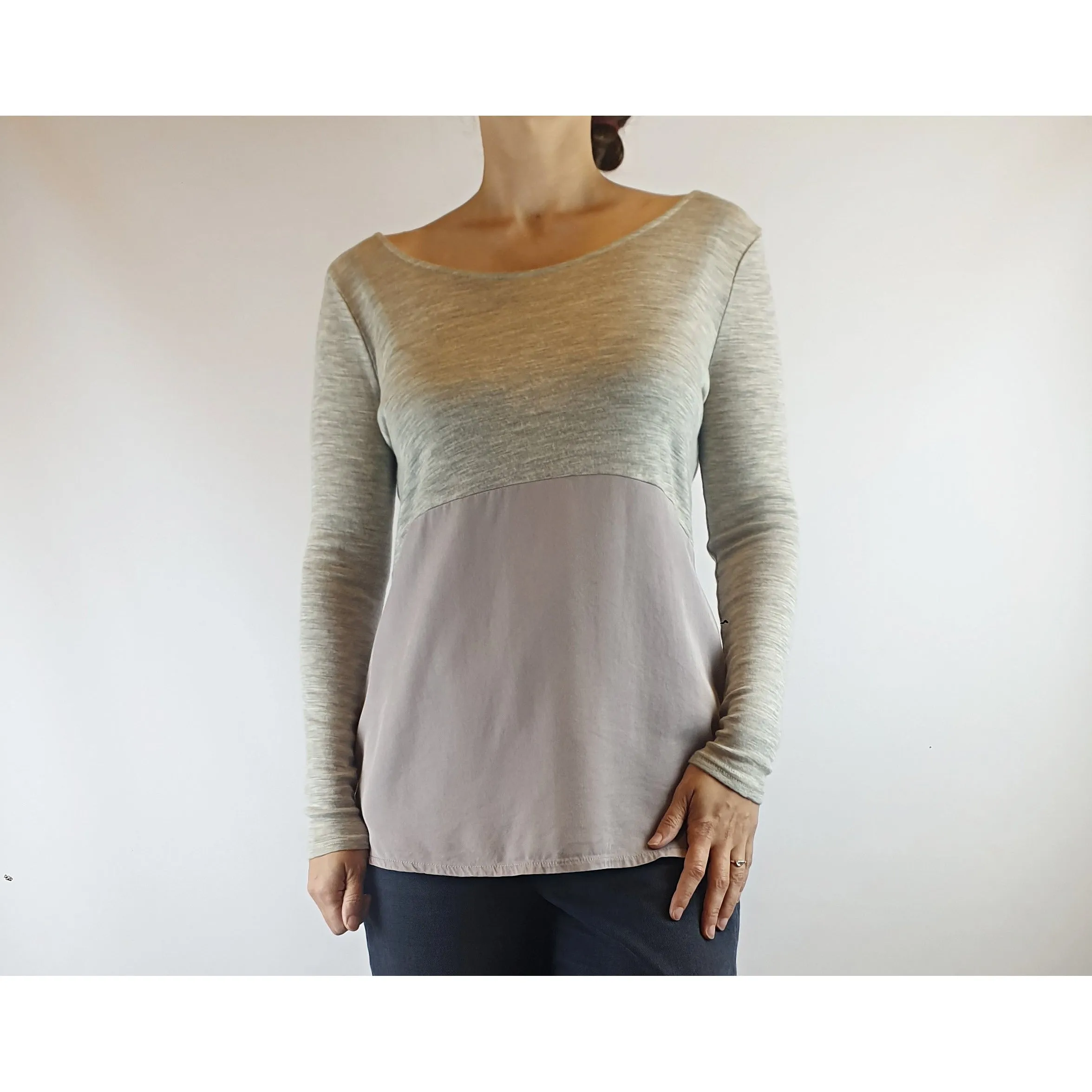 Elk top long sleeve top with split grey wool/lavendar tencil size XS (fits sizes 6-8)