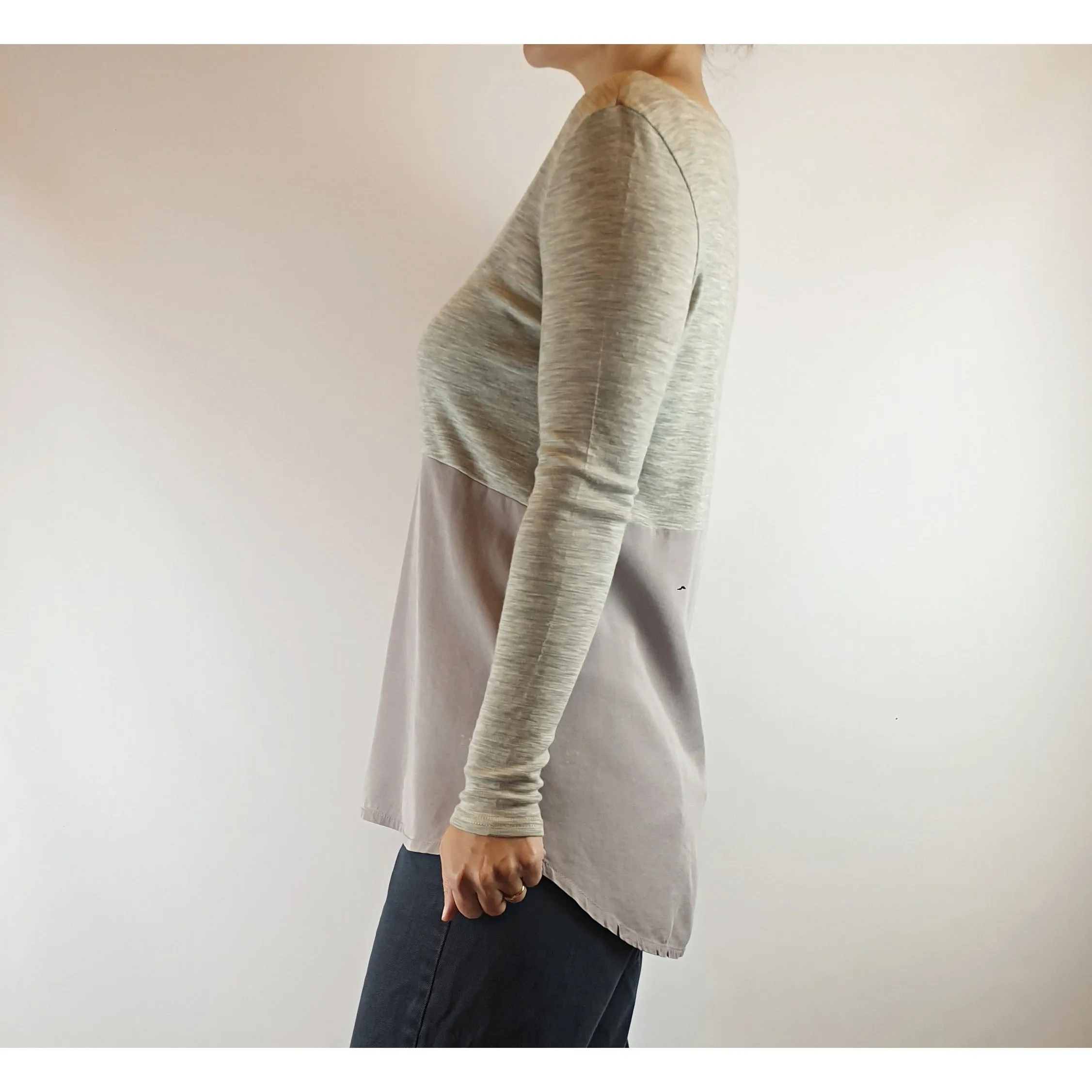 Elk top long sleeve top with split grey wool/lavendar tencil size XS (fits sizes 6-8)
