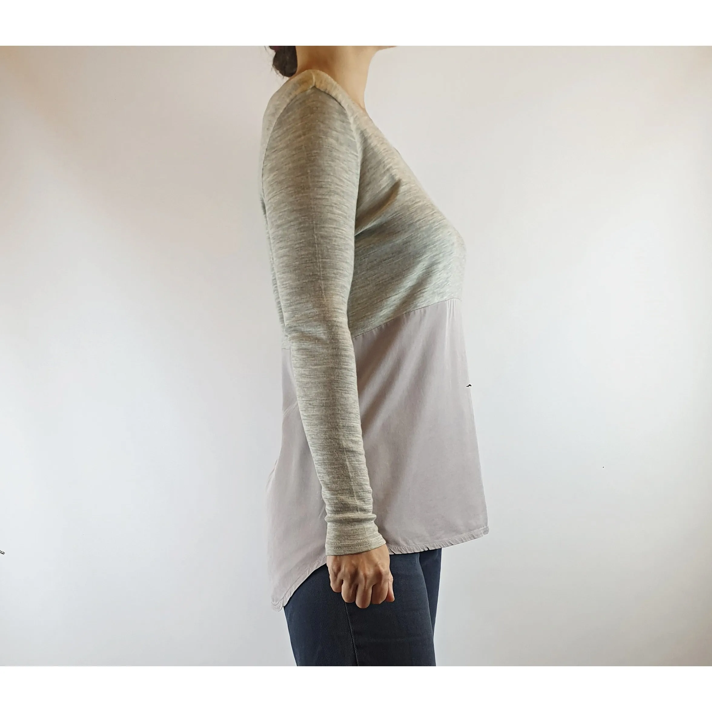 Elk top long sleeve top with split grey wool/lavendar tencil size XS (fits sizes 6-8)