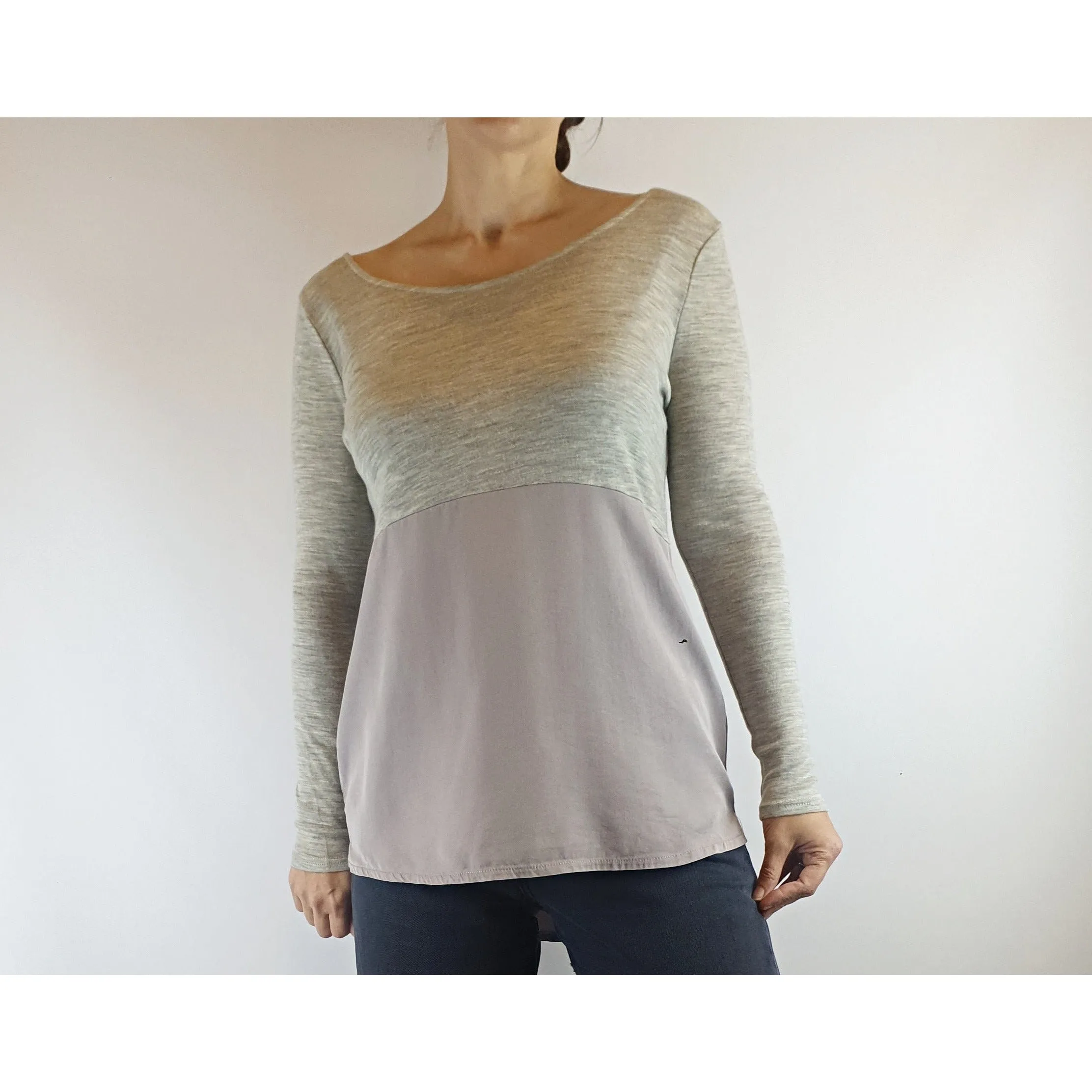 Elk top long sleeve top with split grey wool/lavendar tencil size XS (fits sizes 6-8)