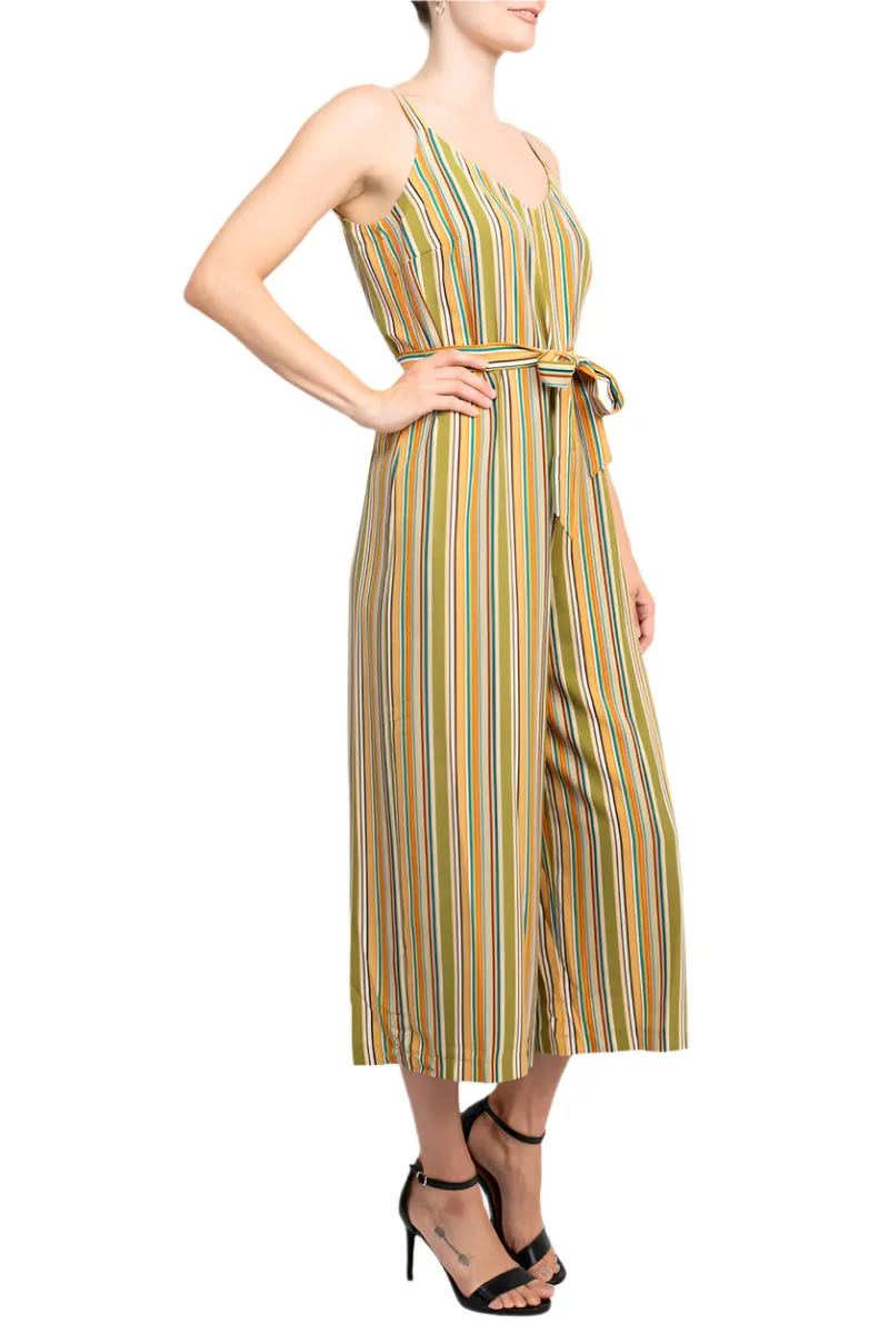 Emma & Michele Banded Strap V-Neck Side Button Zipper Back Tie Waist Stripe Print Crepe Jumpsuit