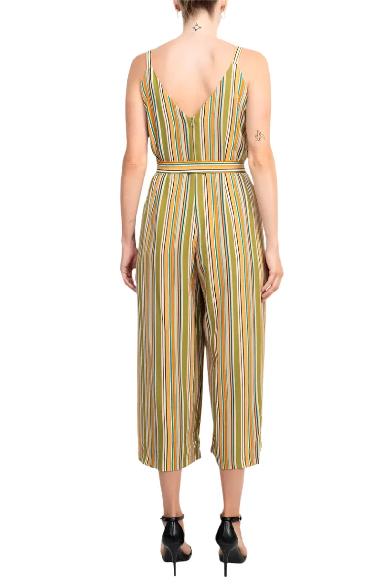 Emma & Michele Banded Strap V-Neck Side Button Zipper Back Tie Waist Stripe Print Crepe Jumpsuit
