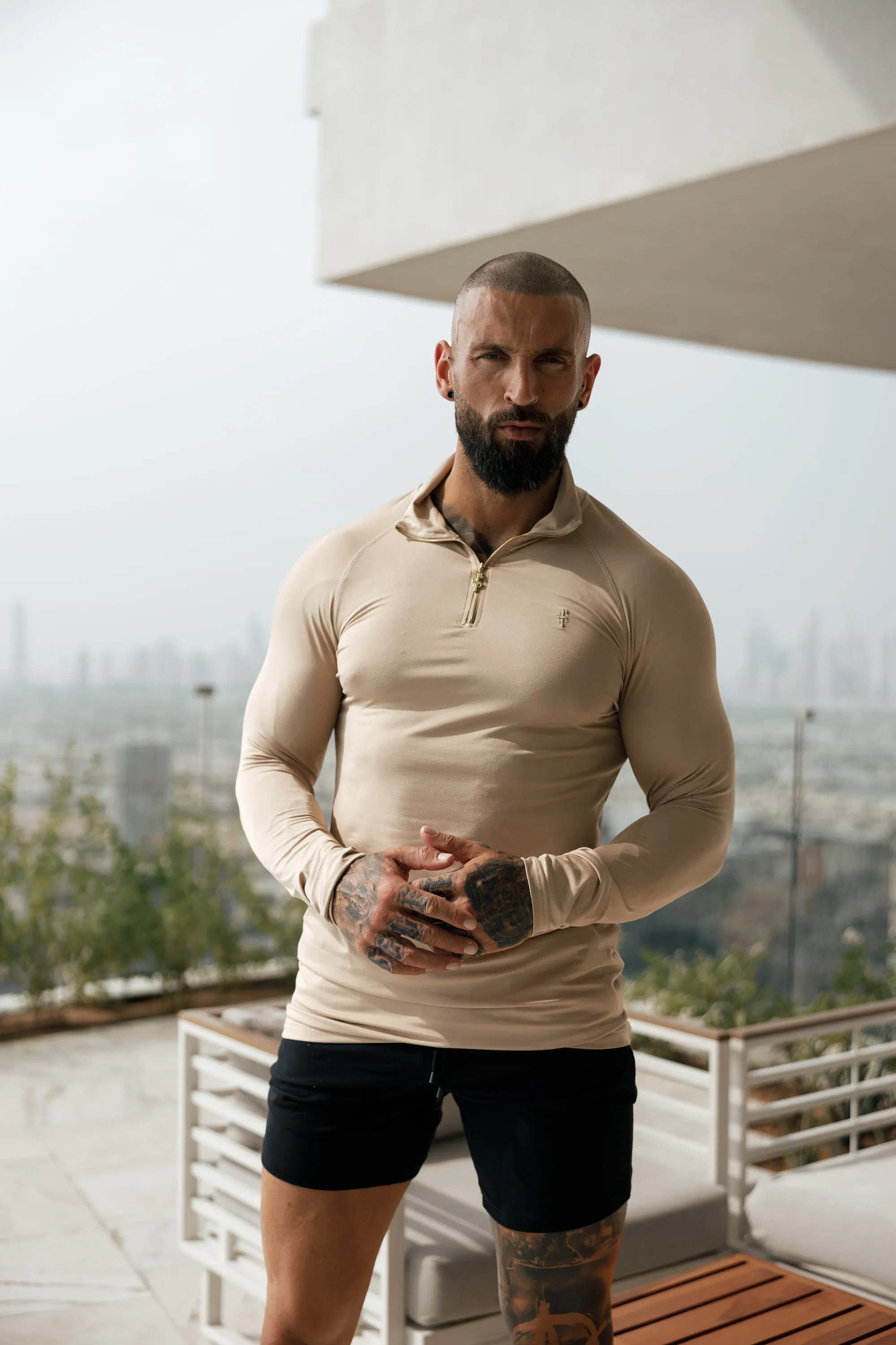 Father Sons Long Sleeve Beige / Gold Half Zip Gym Top - FSH892