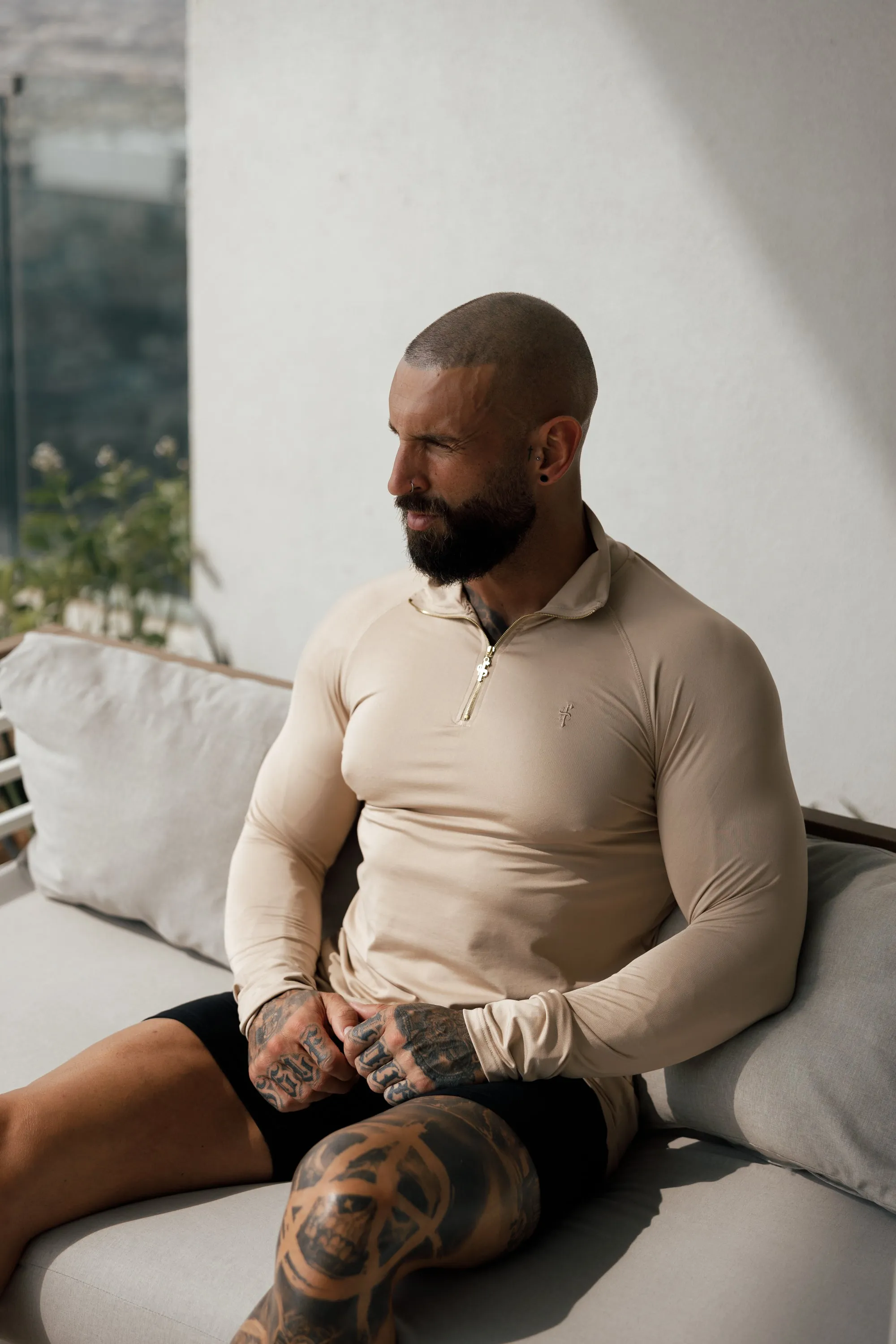 Father Sons Long Sleeve Beige / Gold Half Zip Gym Top - FSH892