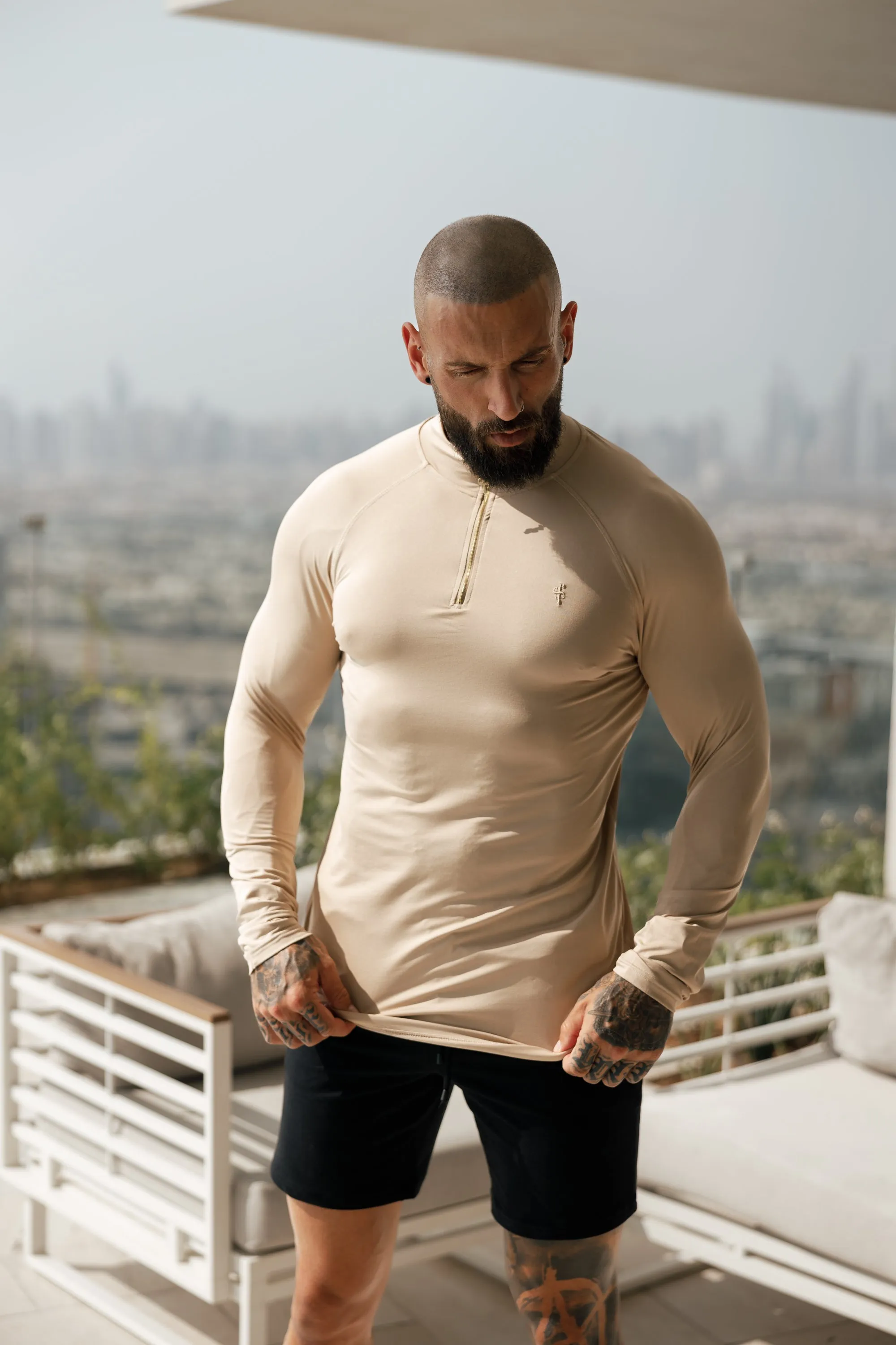 Father Sons Long Sleeve Beige / Gold Half Zip Gym Top - FSH892