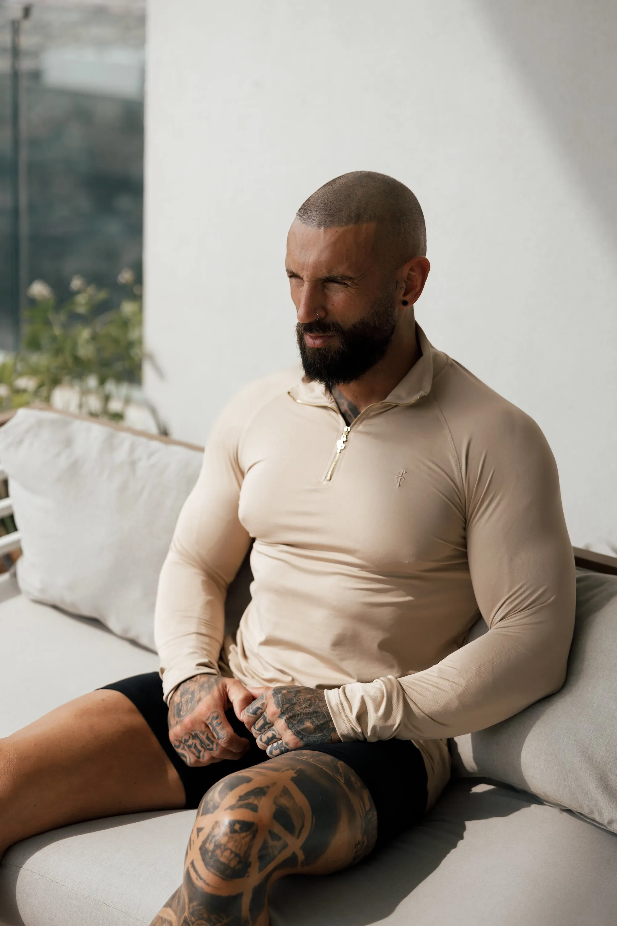 Father Sons Long Sleeve Beige / Gold Half Zip Gym Top - FSH892