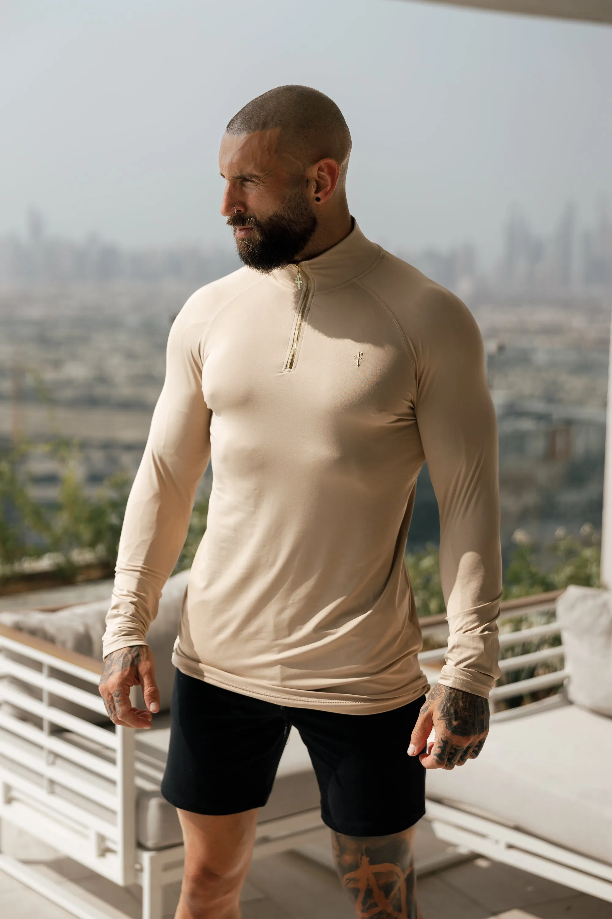 Father Sons Long Sleeve Beige / Gold Half Zip Gym Top - FSH892