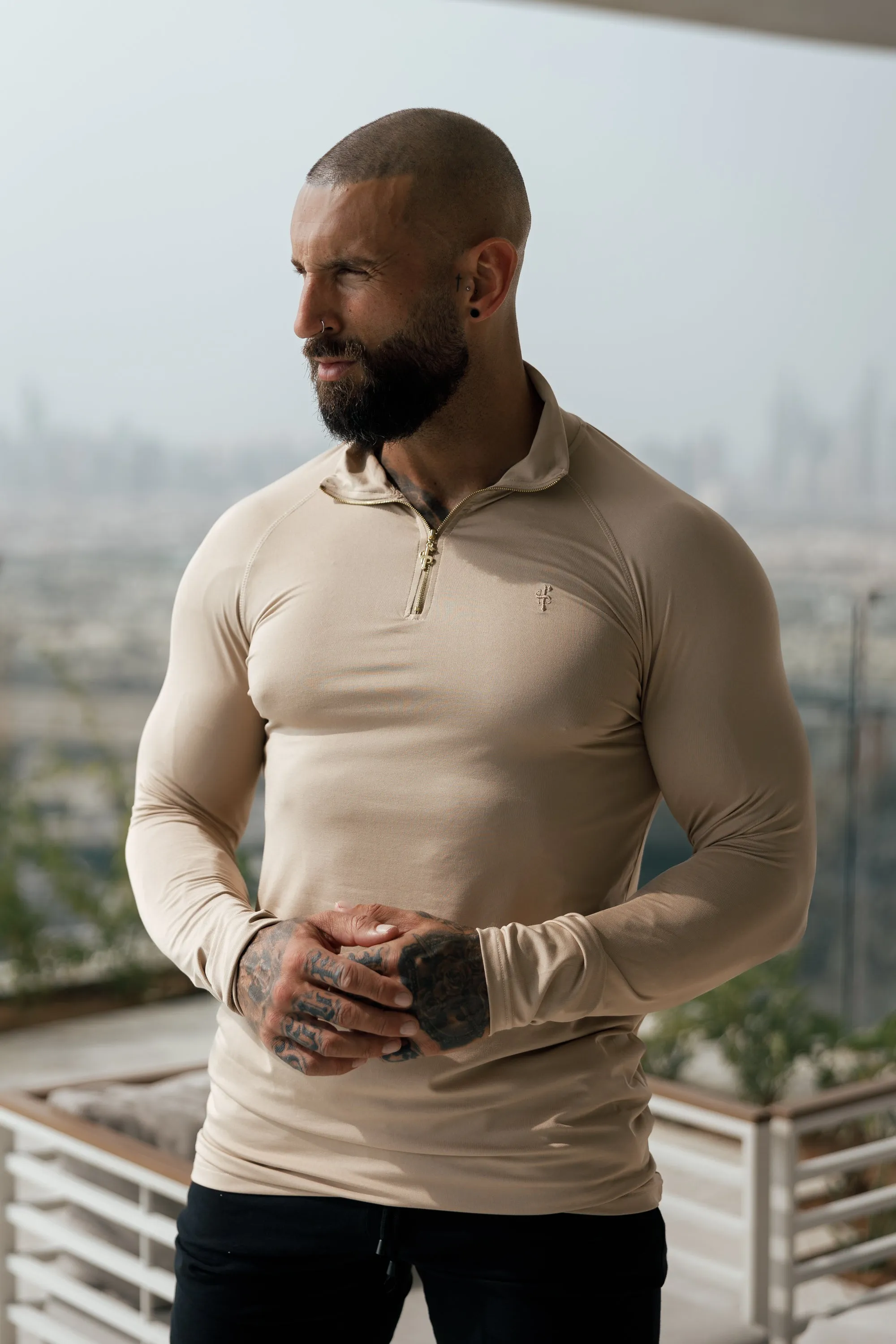 Father Sons Long Sleeve Beige / Gold Half Zip Gym Top - FSH892