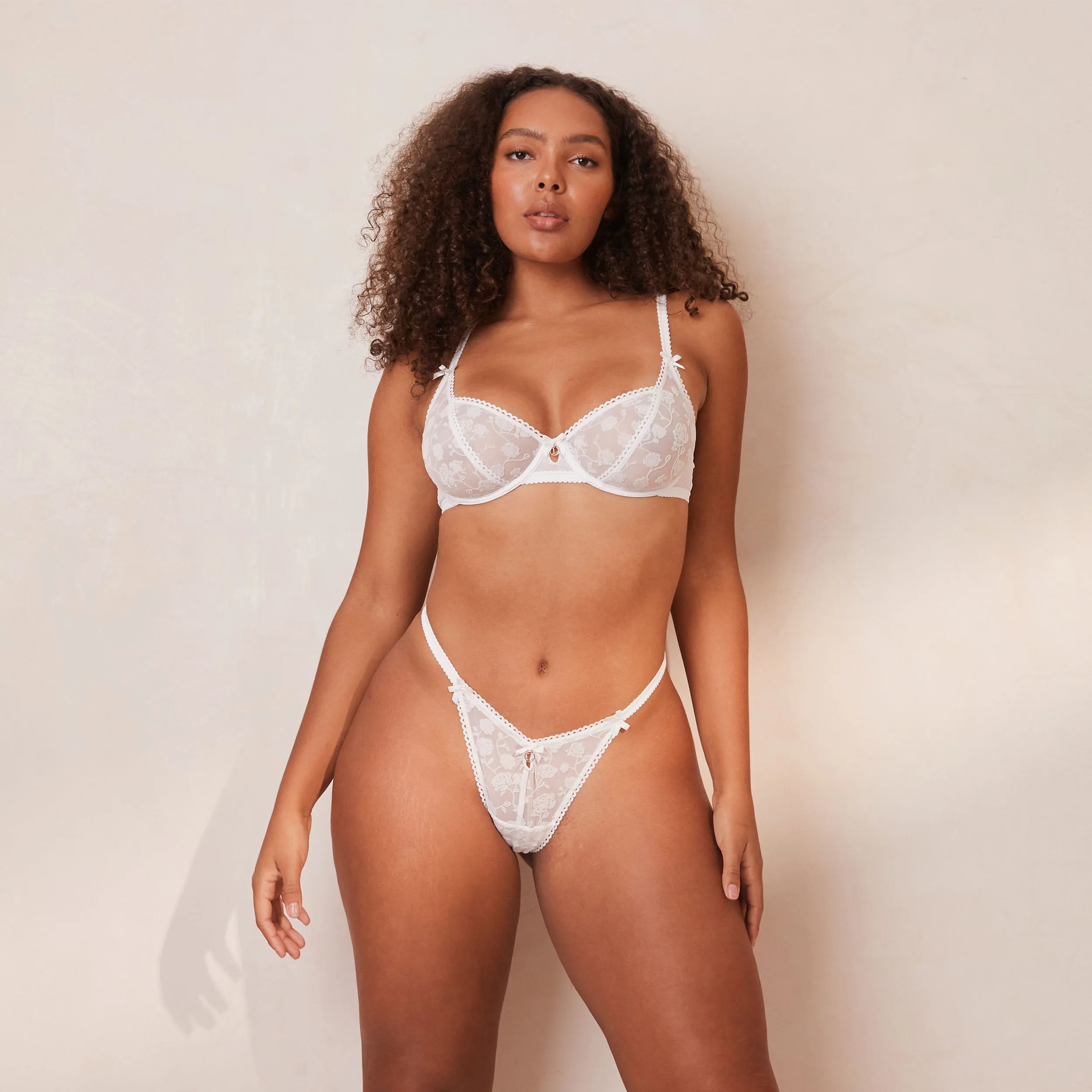 Flocked Floral Balcony Soutien-Gorge - Blanc