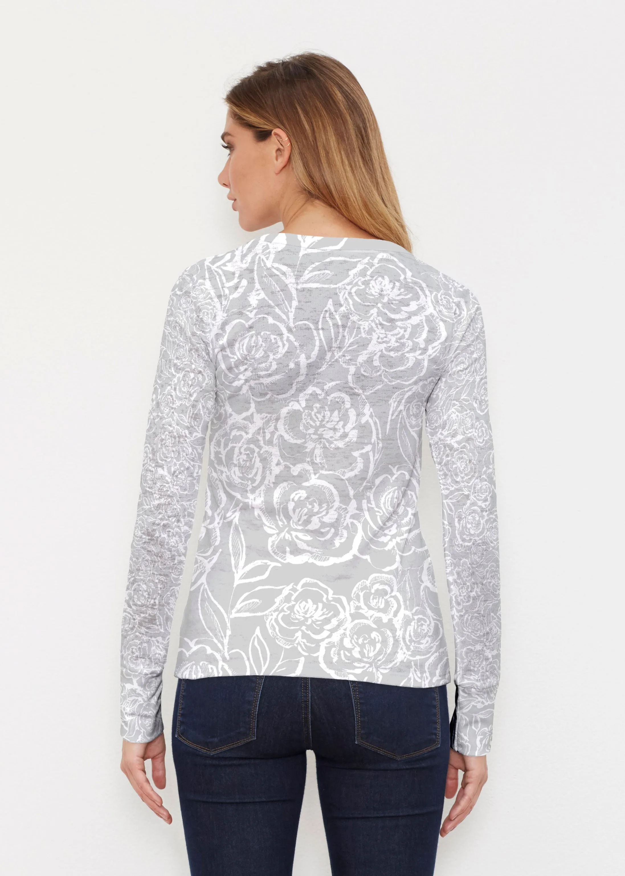 Freehand Floral Grey (7605) ~ Thermal Long Sleeve Crew Shirt