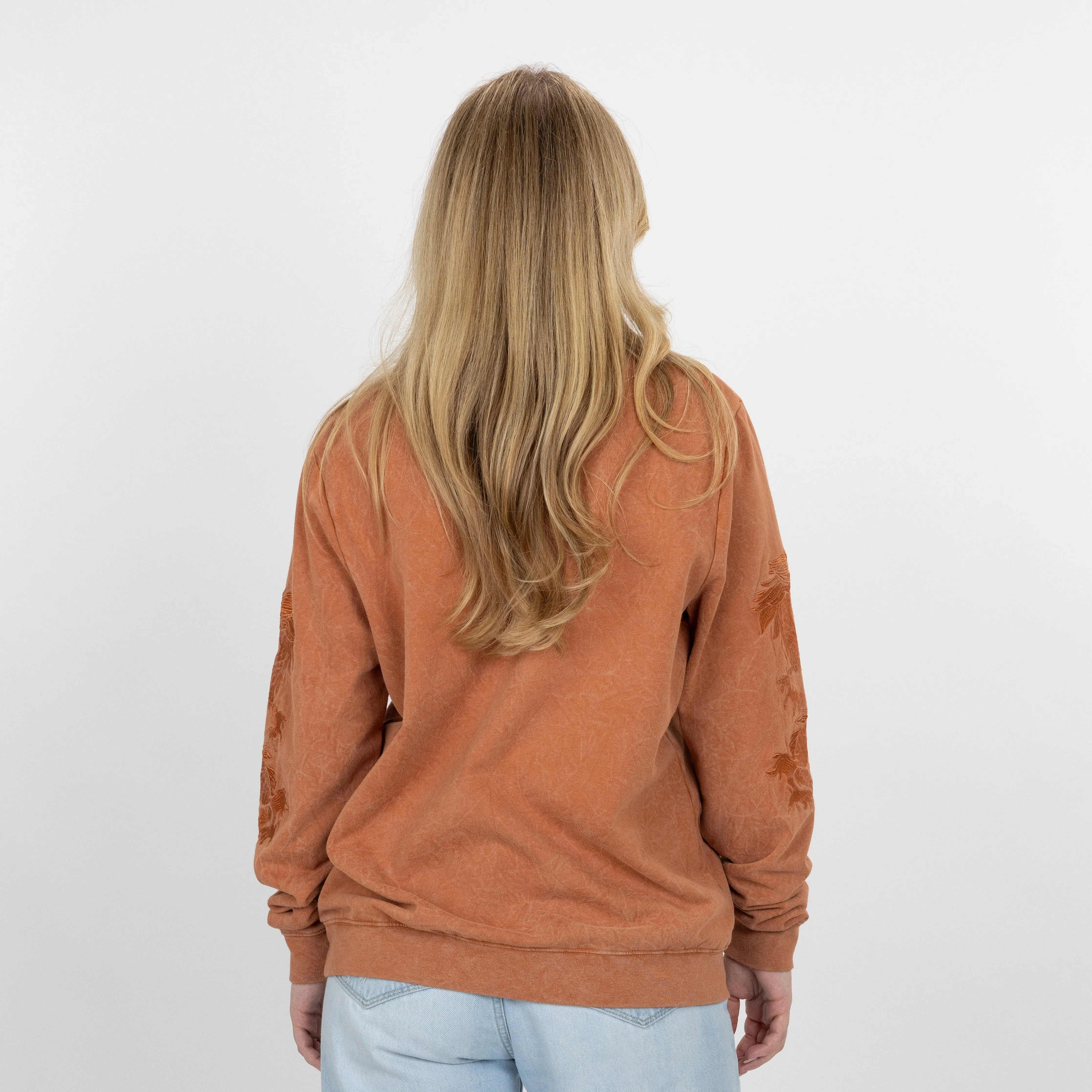 Gender Neutral Crushed Washed Fleece Crewneck with Luxury Embroidery - Amber Brown / Kanji US Dollar