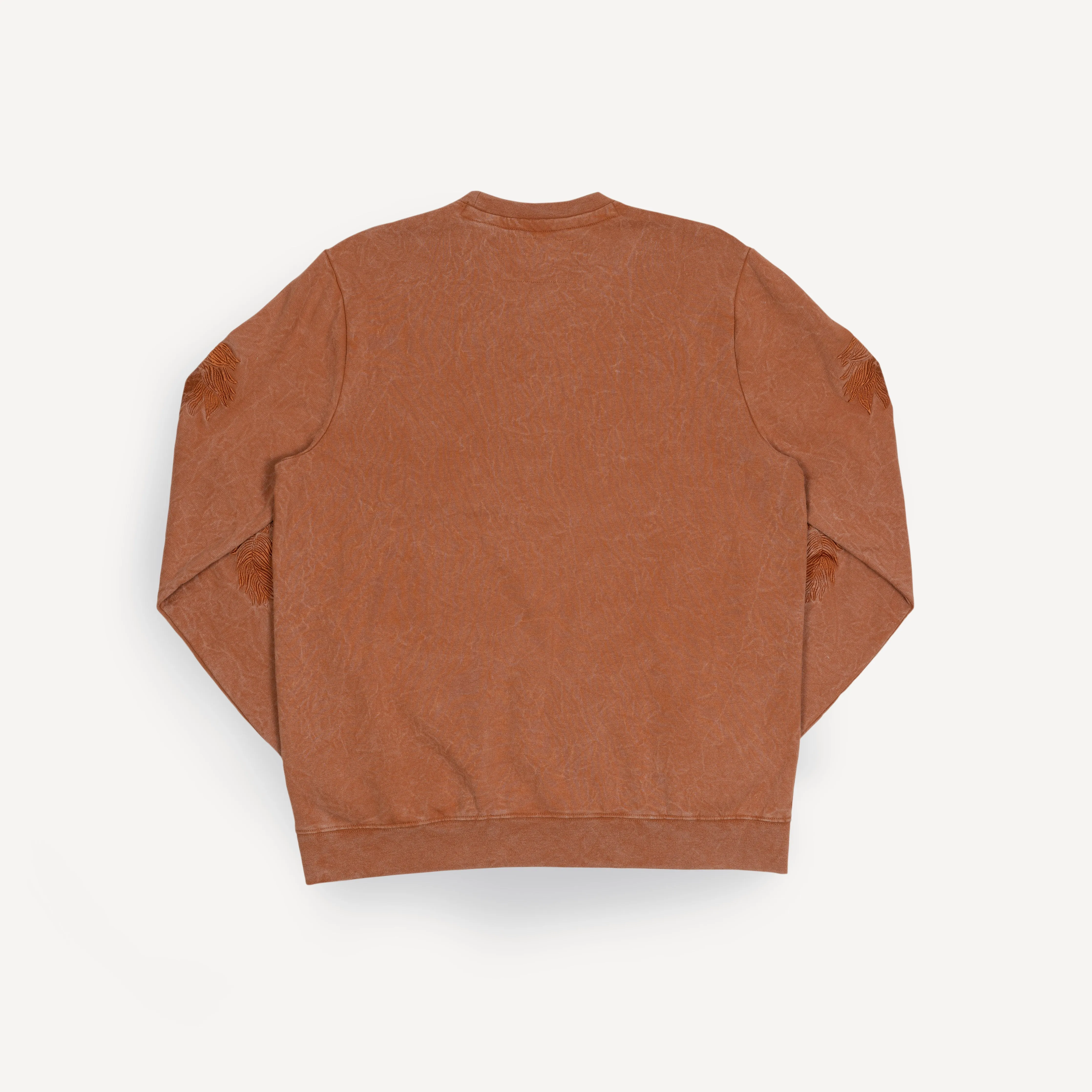 Gender Neutral Crushed Washed Fleece Crewneck with Luxury Embroidery - Amber Brown / Kanji US Dollar