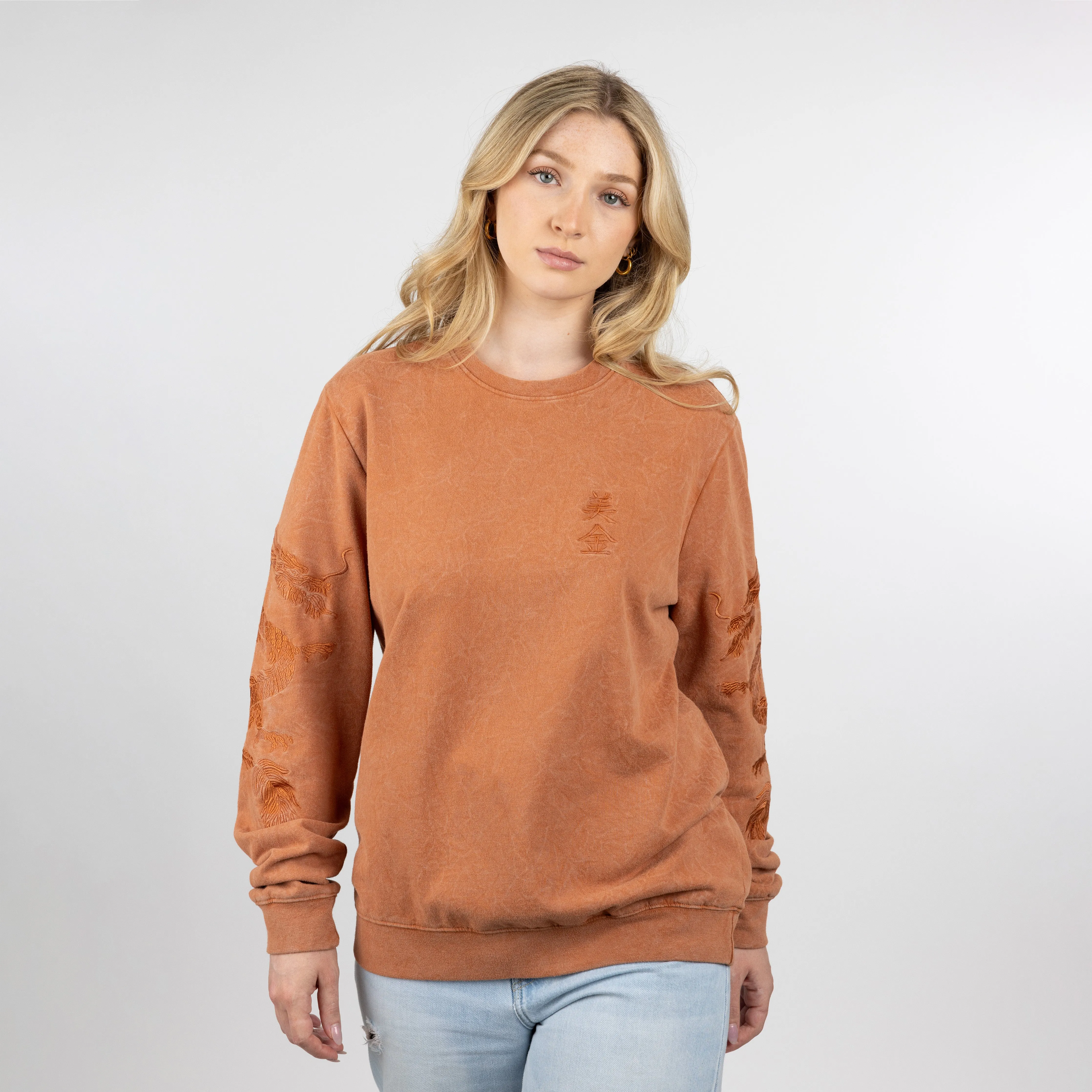 Gender Neutral Crushed Washed Fleece Crewneck with Luxury Embroidery - Amber Brown / Kanji US Dollar