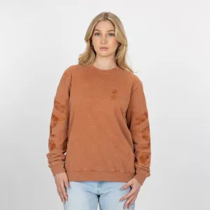 Gender Neutral Crushed Washed Fleece Crewneck with Luxury Embroidery - Amber Brown / Kanji US Dollar