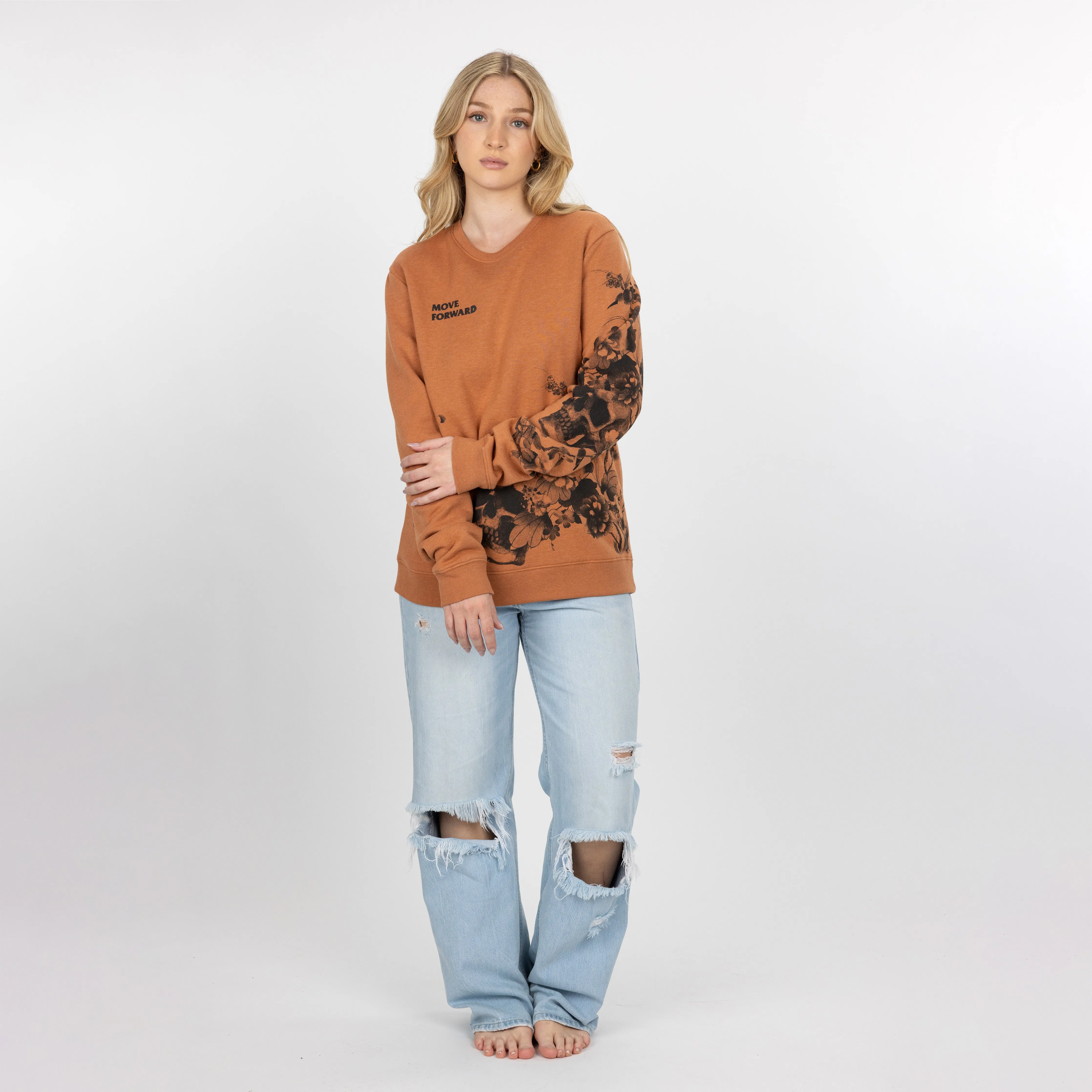 Gender Neutral Graphic Wraparound Crewneck Sweatshirt - Amber Brown / Move Forward