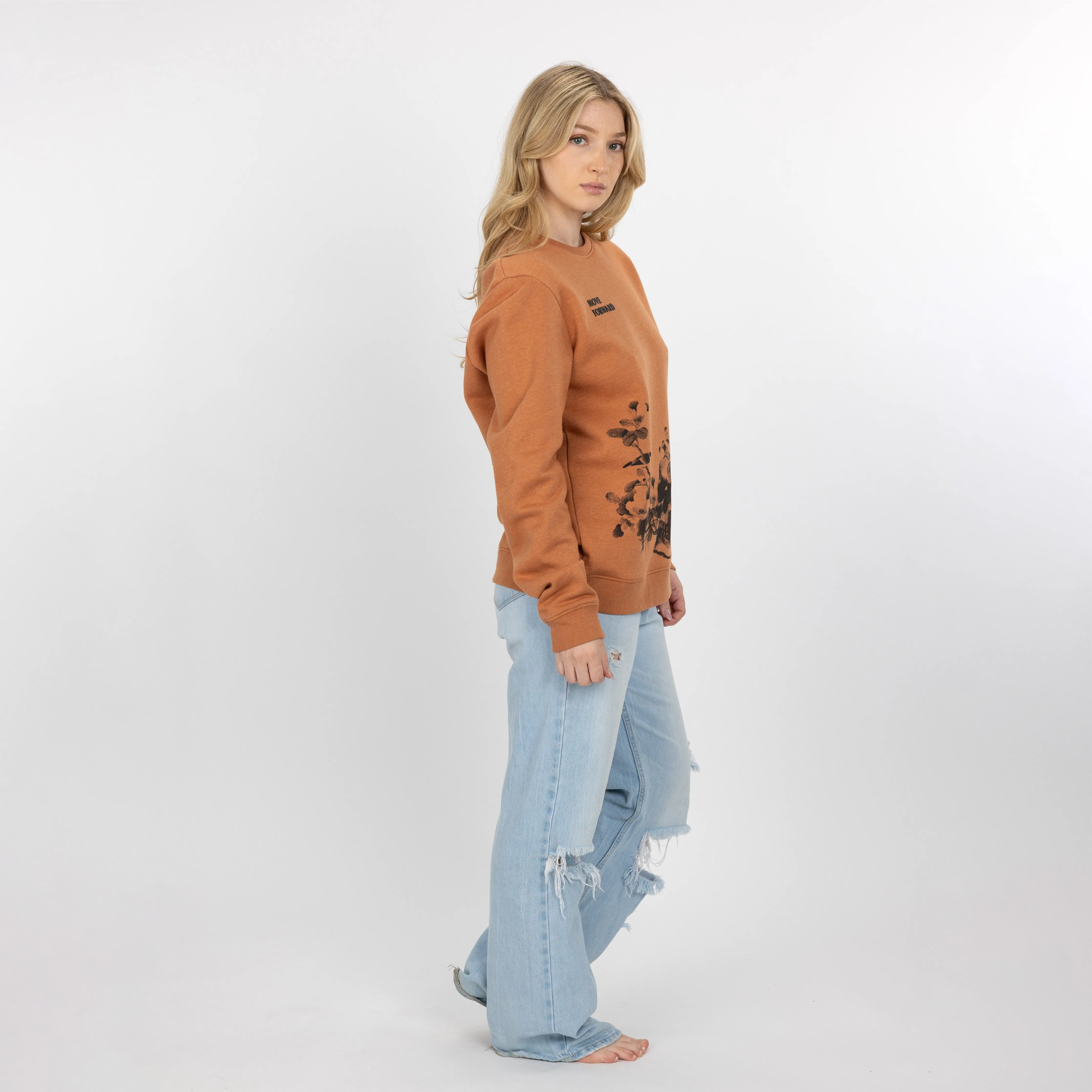 Gender Neutral Graphic Wraparound Crewneck Sweatshirt - Amber Brown / Move Forward