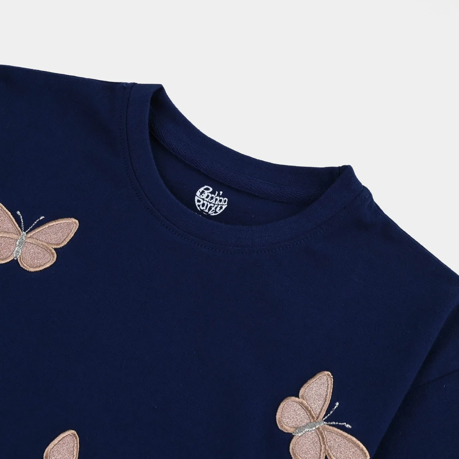 Girls Cotton Jersey T-Shirt H/S Butterflies-Navy Blue