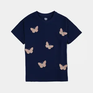 Girls Cotton Jersey T-Shirt H/S Butterflies-Navy Blue