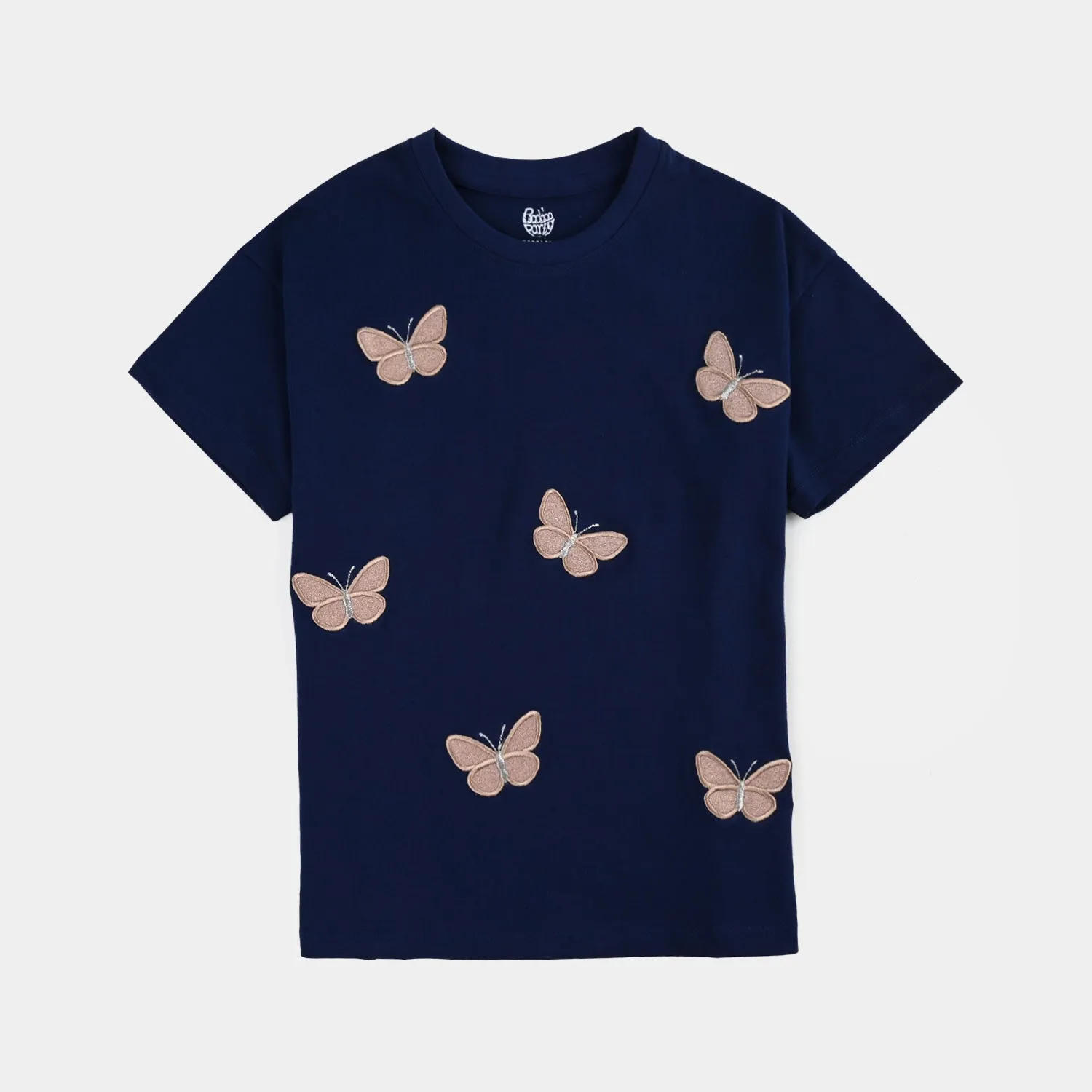 Girls Cotton Jersey T-Shirt H/S Butterflies-Navy Blue