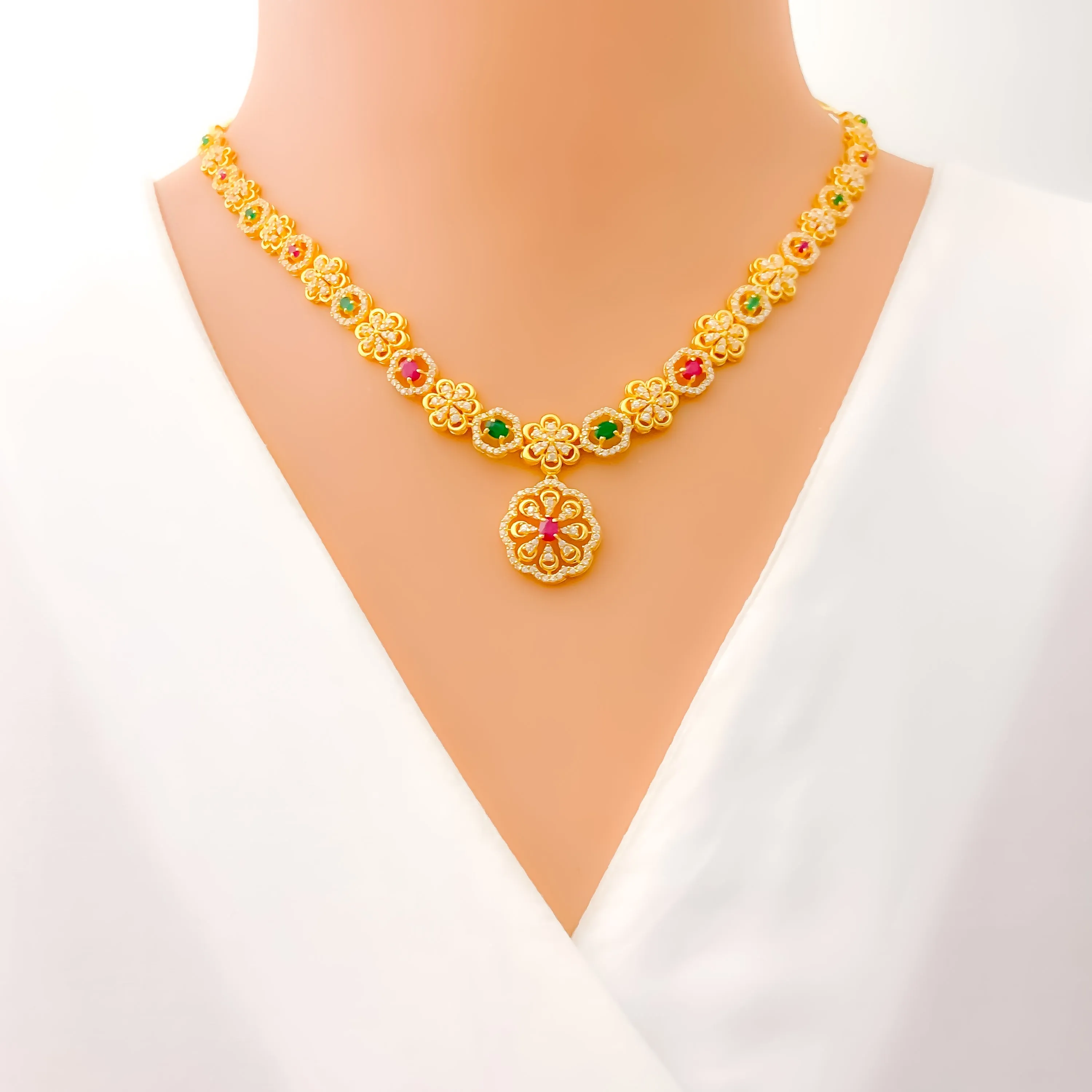 Gorgeous Alternating Floral 22k Gold CZ Necklace Set