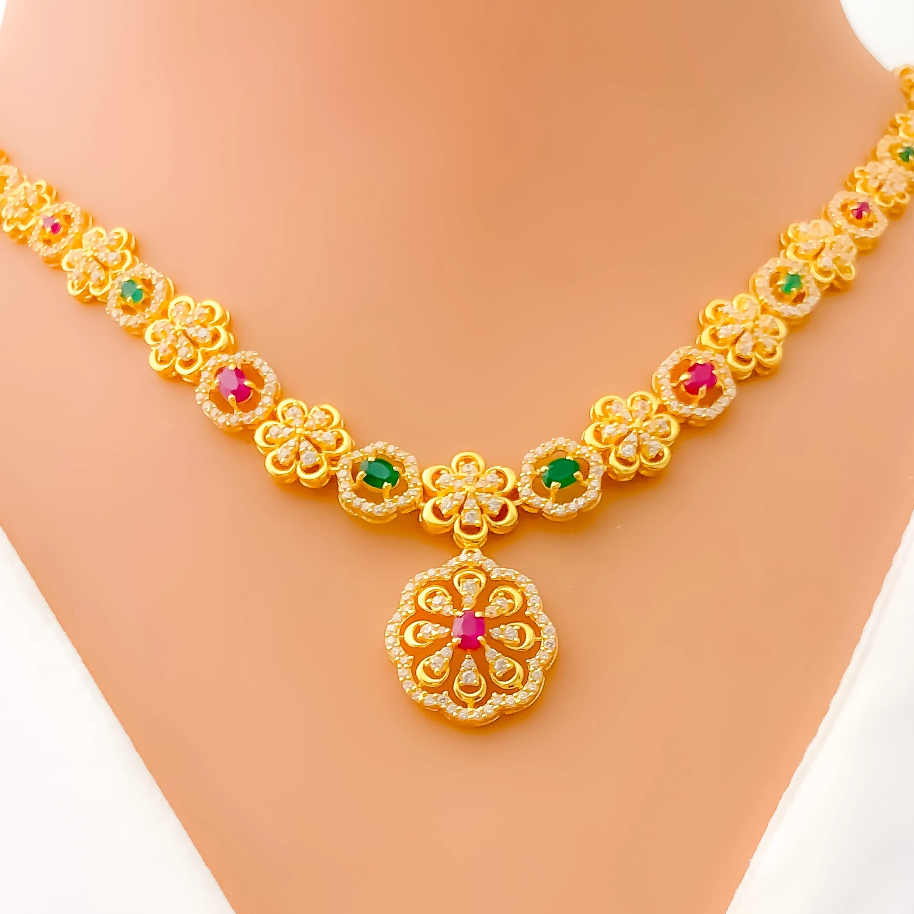 Gorgeous Alternating Floral 22k Gold CZ Necklace Set