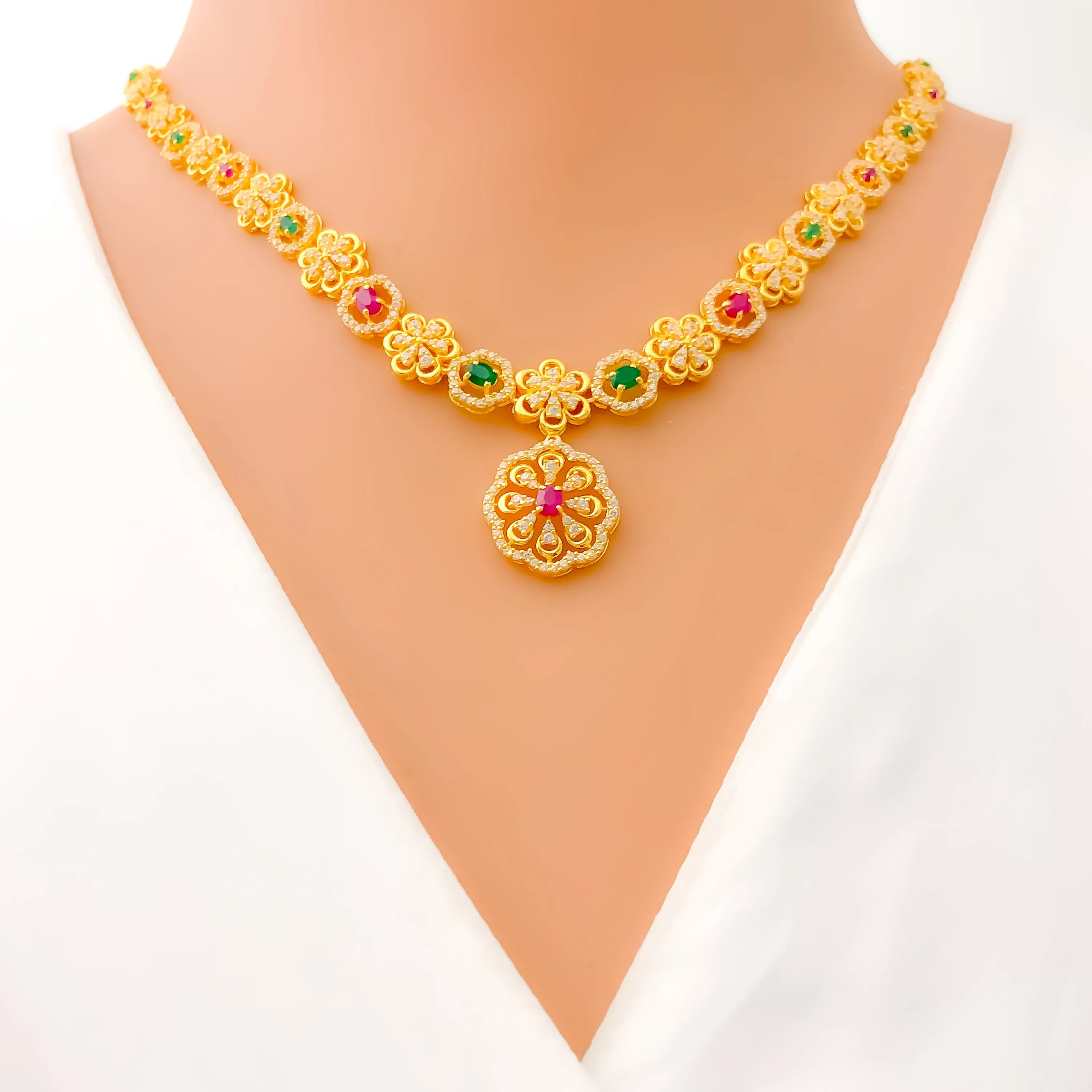 Gorgeous Alternating Floral 22k Gold CZ Necklace Set