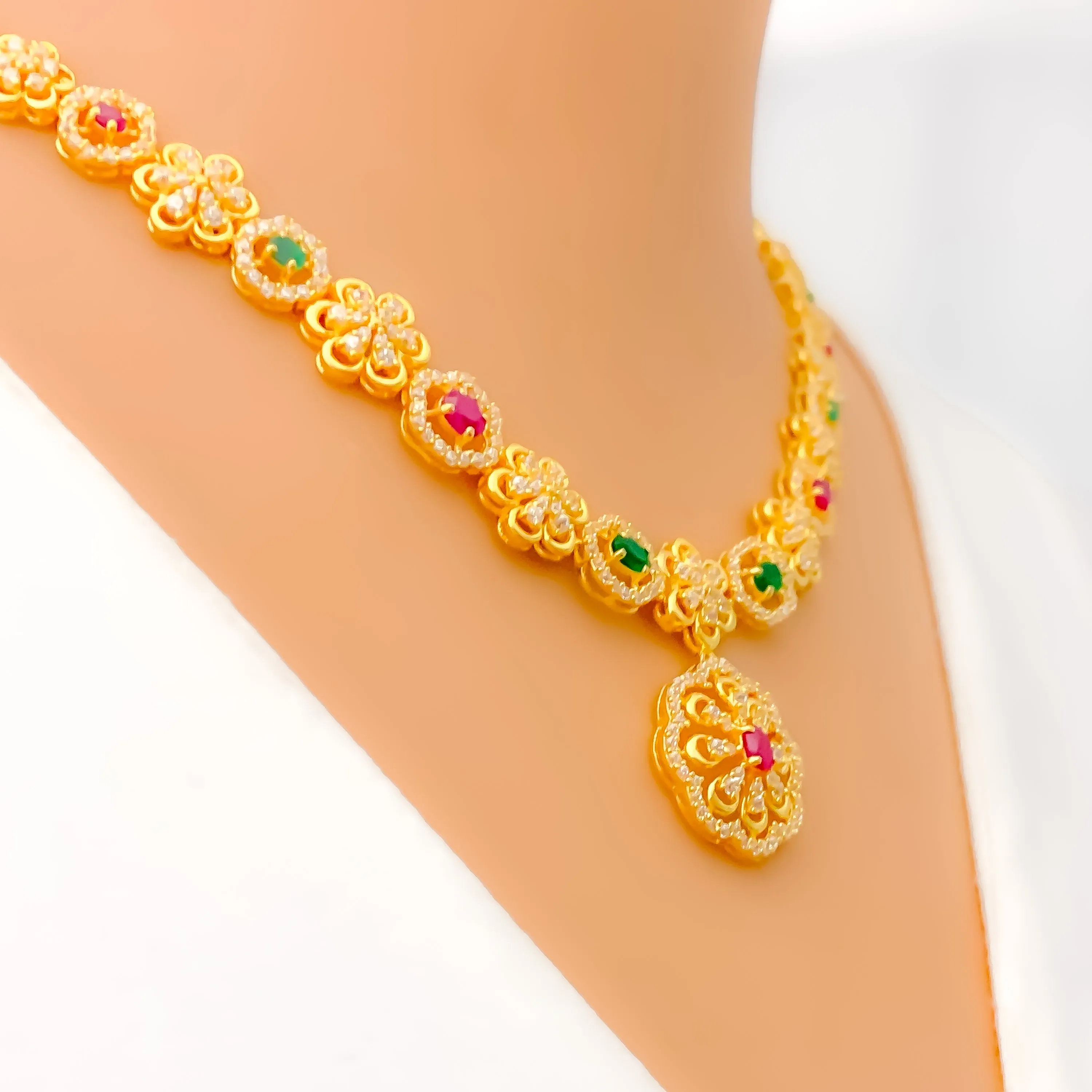 Gorgeous Alternating Floral 22k Gold CZ Necklace Set