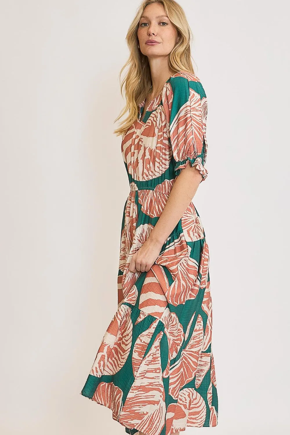 Green/Clay Printed Notched Puff Sleeve Midi Dress