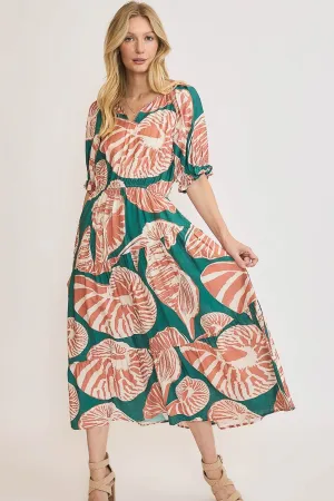 Green/Clay Printed Notched Puff Sleeve Midi Dress